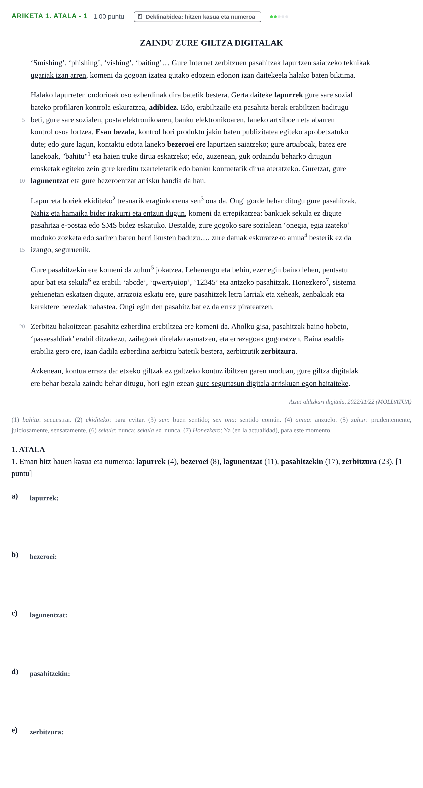 Enunciado: Ejercicio 1. ATALA - 1 · Lengua Vasca y Literatura II PAU Navarra Ordinaria (Modelo A) 2026
