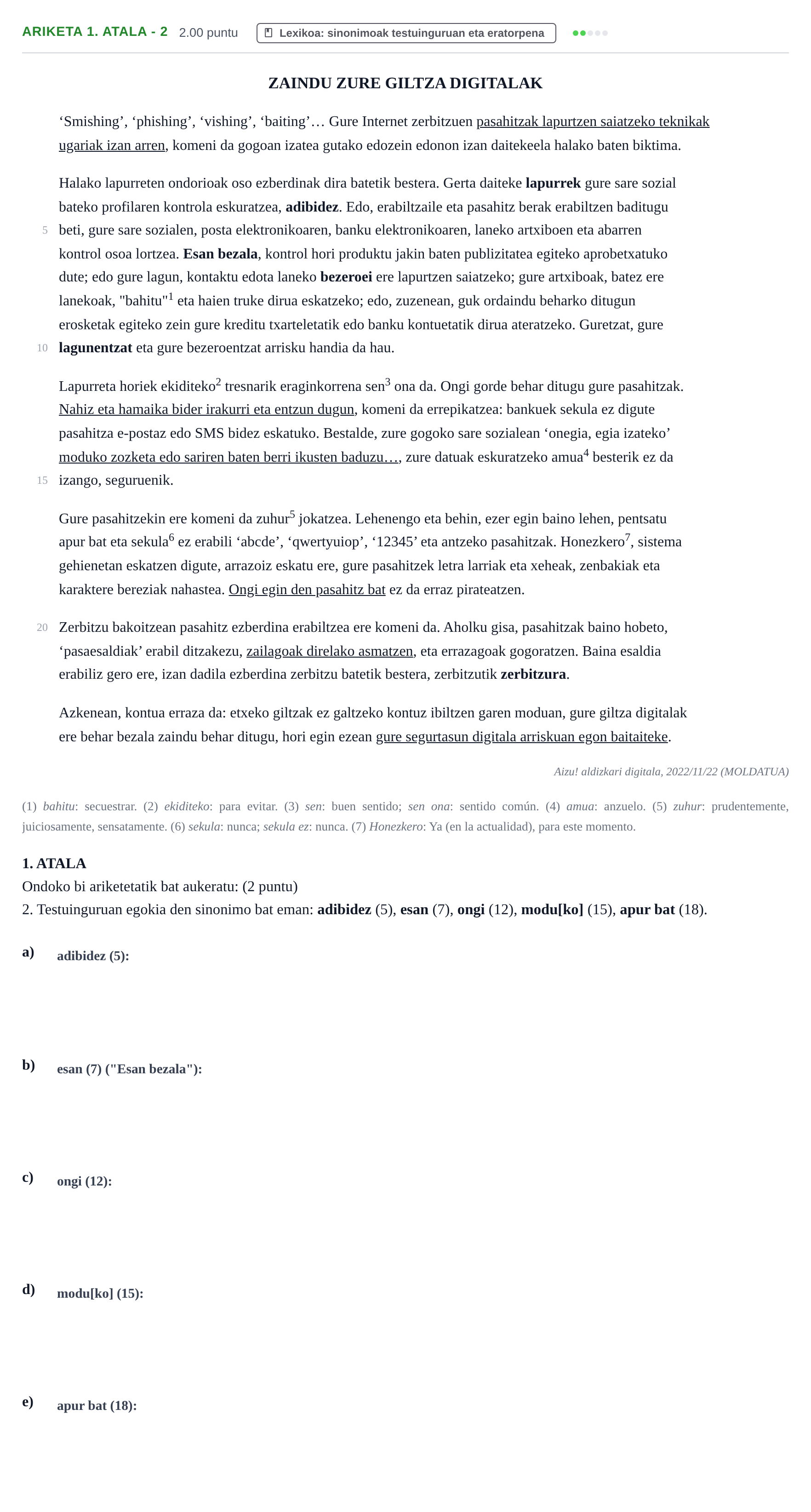 Enunciado: Ejercicio 1. ATALA - 2 · Lengua Vasca y Literatura II PAU Navarra Ordinaria (Modelo A) 2026