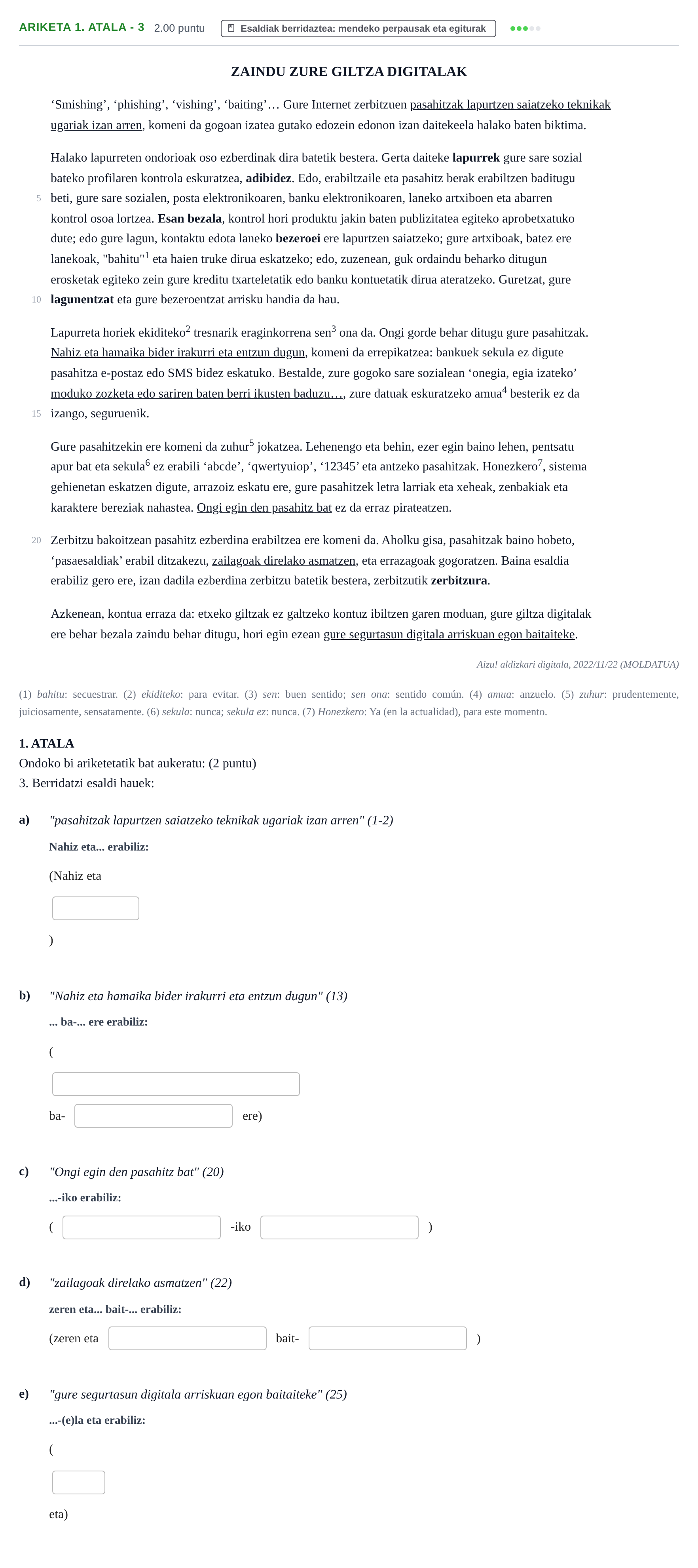 Enunciado: Ejercicio 1. ATALA - 3 · Lengua Vasca y Literatura II PAU Navarra Ordinaria (Modelo A) 2026