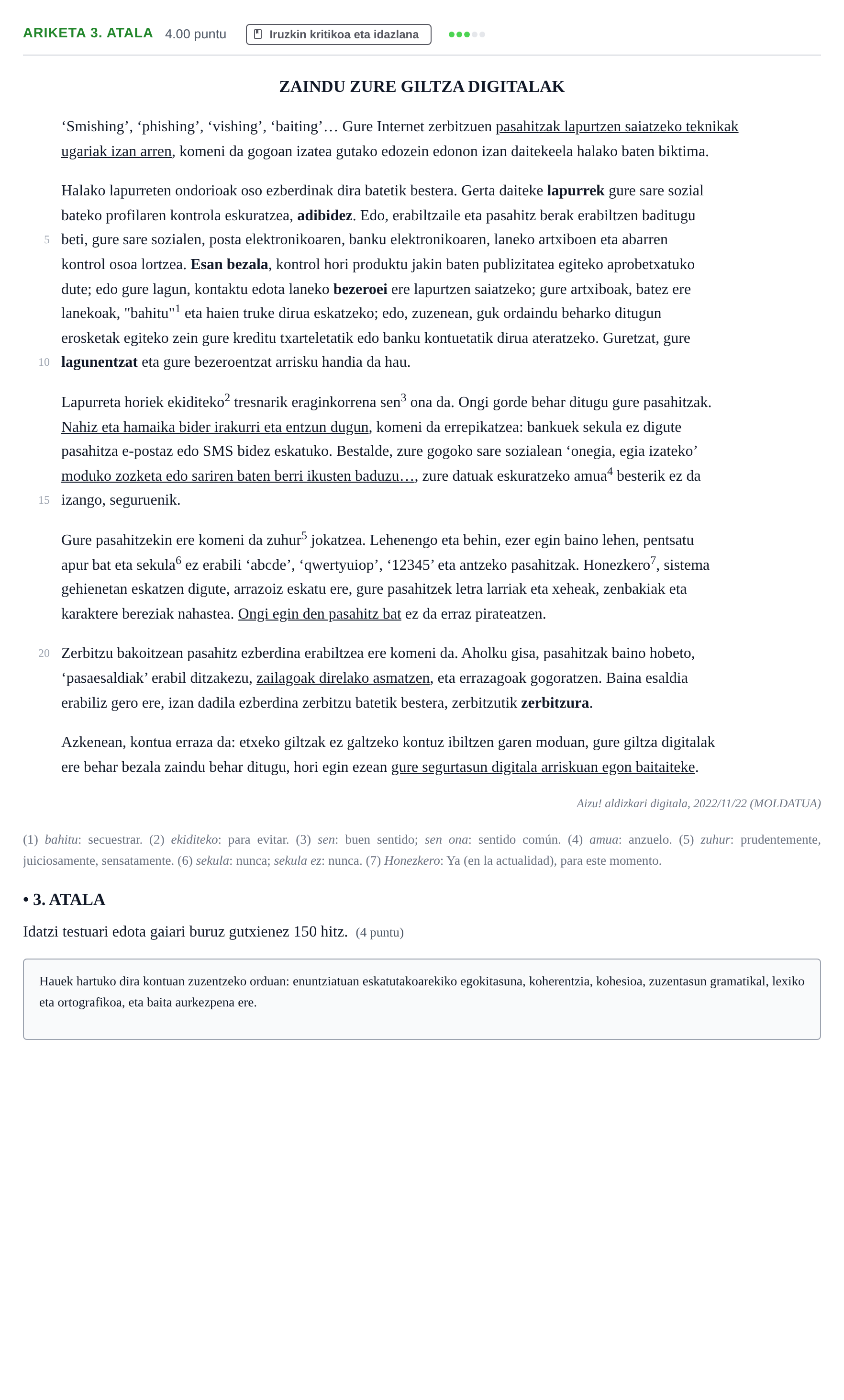 Enunciado: Ejercicio 3. ATALA · Lengua Vasca y Literatura II PAU Navarra Ordinaria (Modelo A) 2026