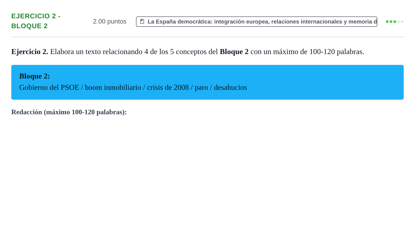 Enunciado: Ejercicio 2 - Bloque 2 · Historia de España PAU Navarra Ordinaria 2026