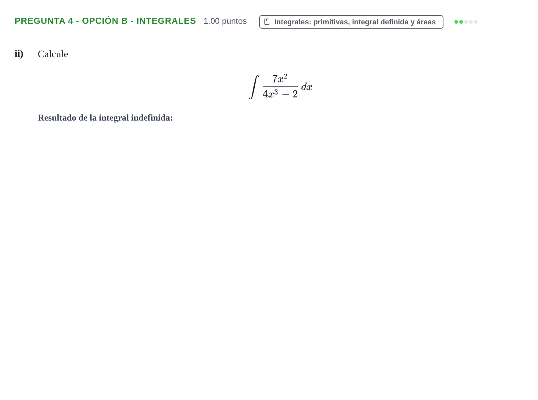 Enunciado: Pregunta 4 - Opción B - Integrales · Matemáticas aplicadas a las Ciencias Sociales II PAU Navarra Ordinaria 2026