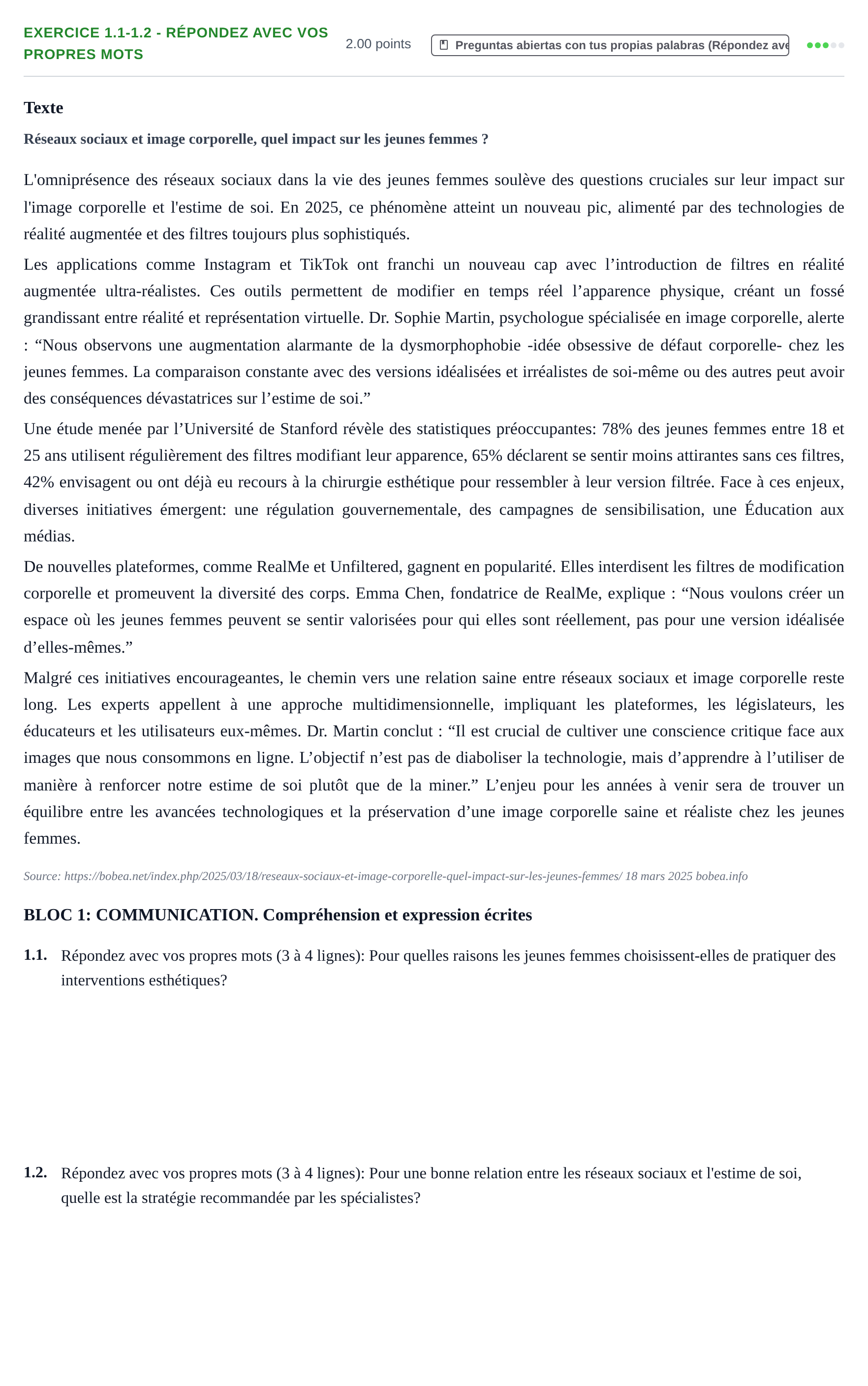 Enunciado: Ejercicio 1.1-1.2 - Répondez avec vos propres mots · Francés PAU Navarra Ordinaria 2026