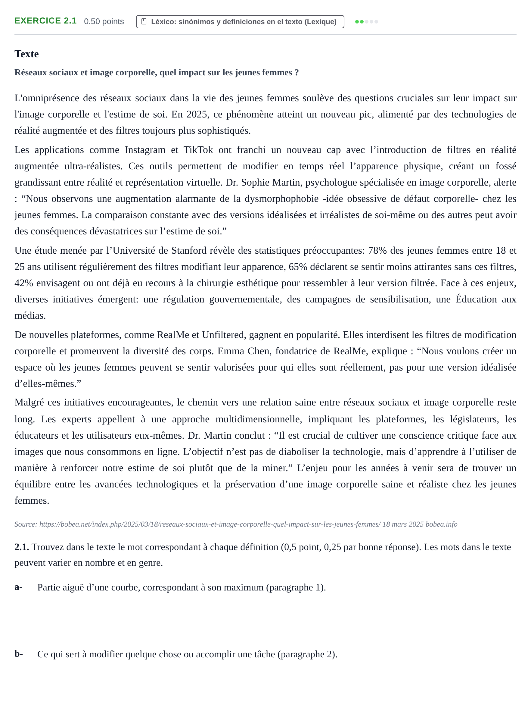 Enunciado: Ejercicio 2.1 · Francés PAU Navarra Ordinaria 2026
