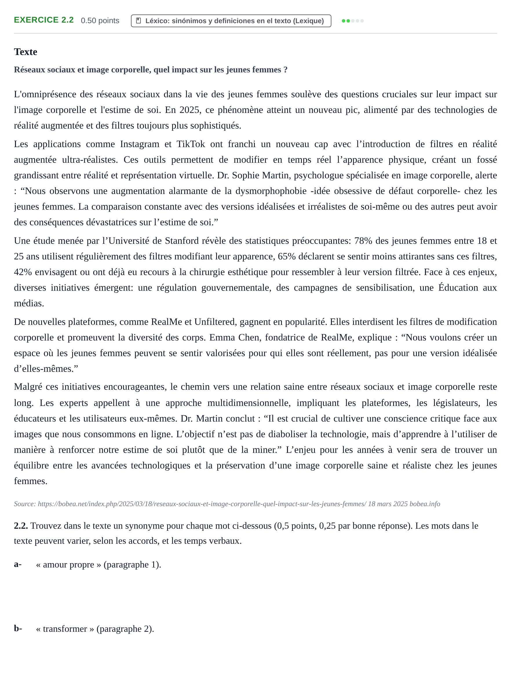 Enunciado: Ejercicio 2.2 · Francés PAU Navarra Ordinaria 2026