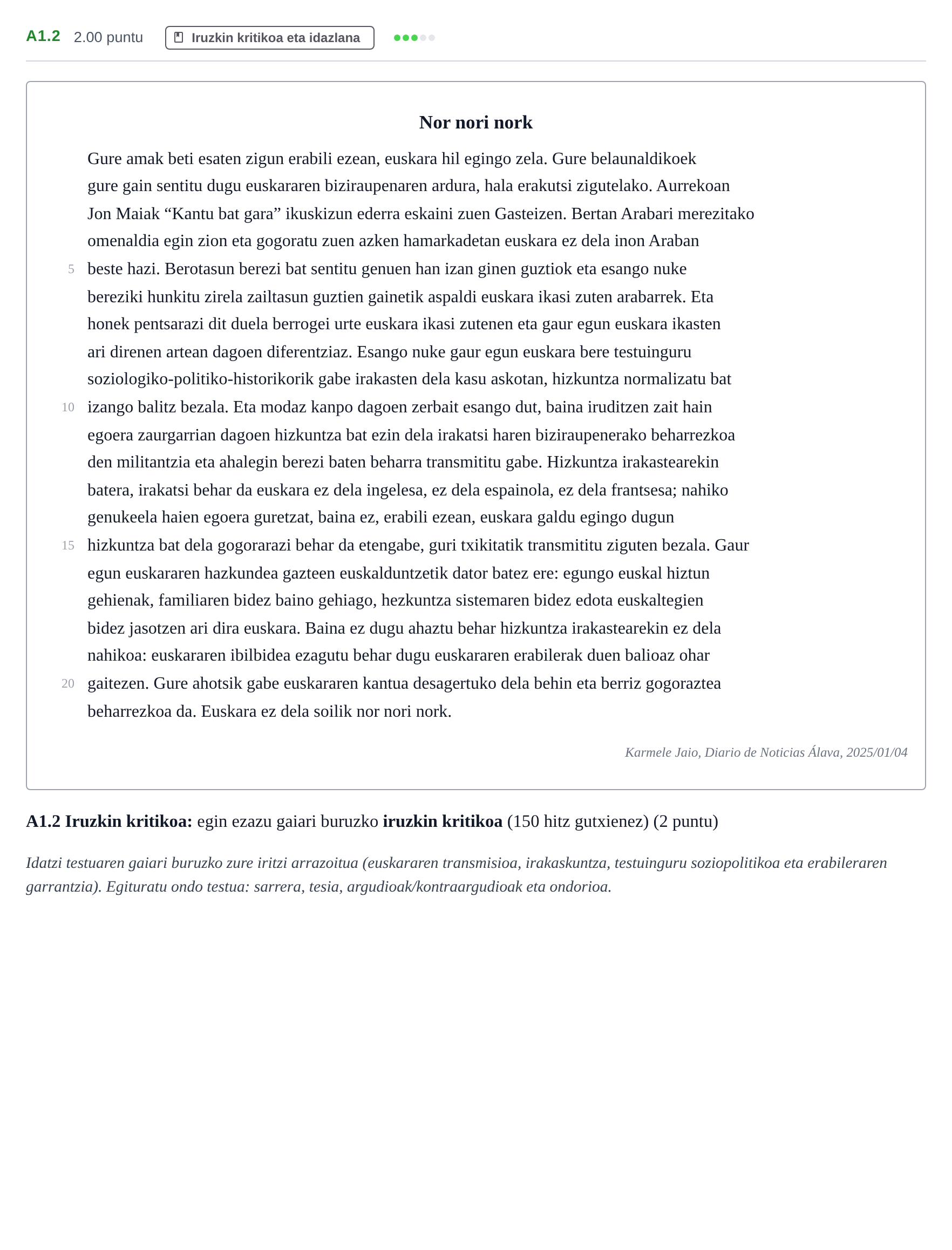 Enunciado: Ejercicio A1.2 · Lengua Vasca y Literatura II PAU Navarra Ordinaria (Modelo D) 2026