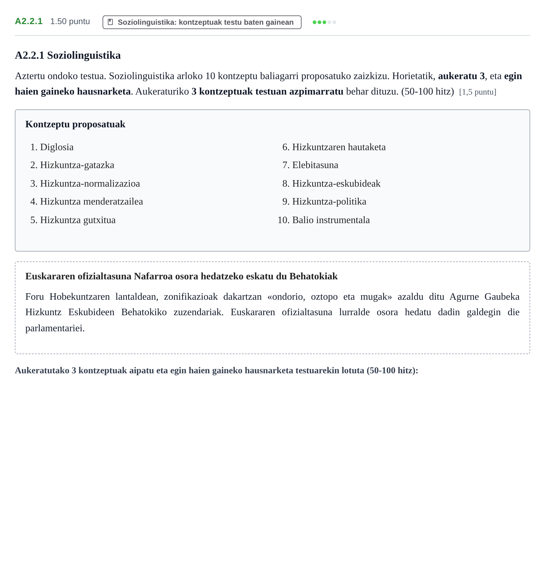 Enunciado: Ejercicio A2.2.1 · Lengua Vasca y Literatura II PAU Navarra Ordinaria (Modelo D) 2026