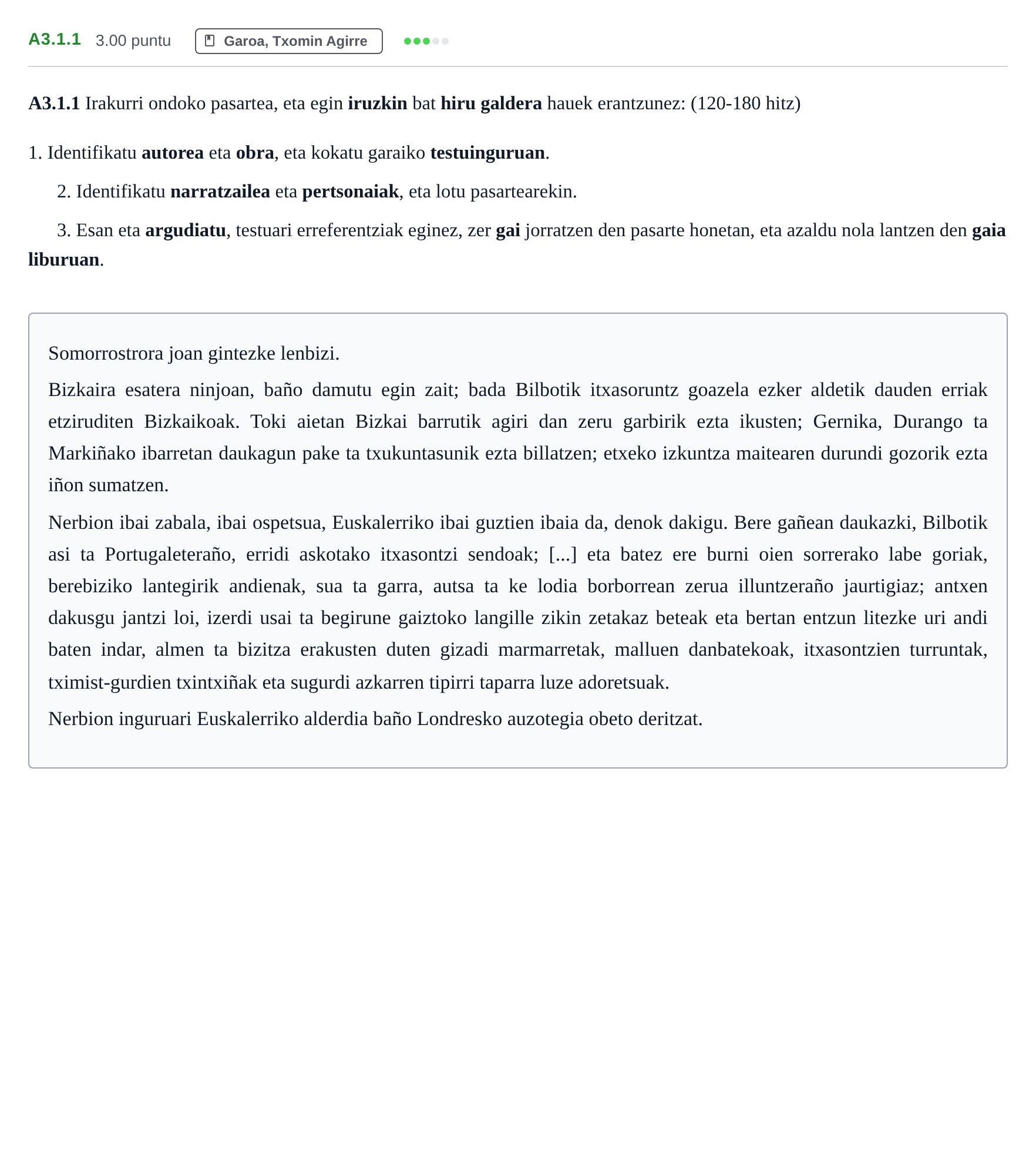 Enunciado: Ejercicio A3.1.1 · Lengua Vasca y Literatura II PAU Navarra Ordinaria (Modelo D) 2026