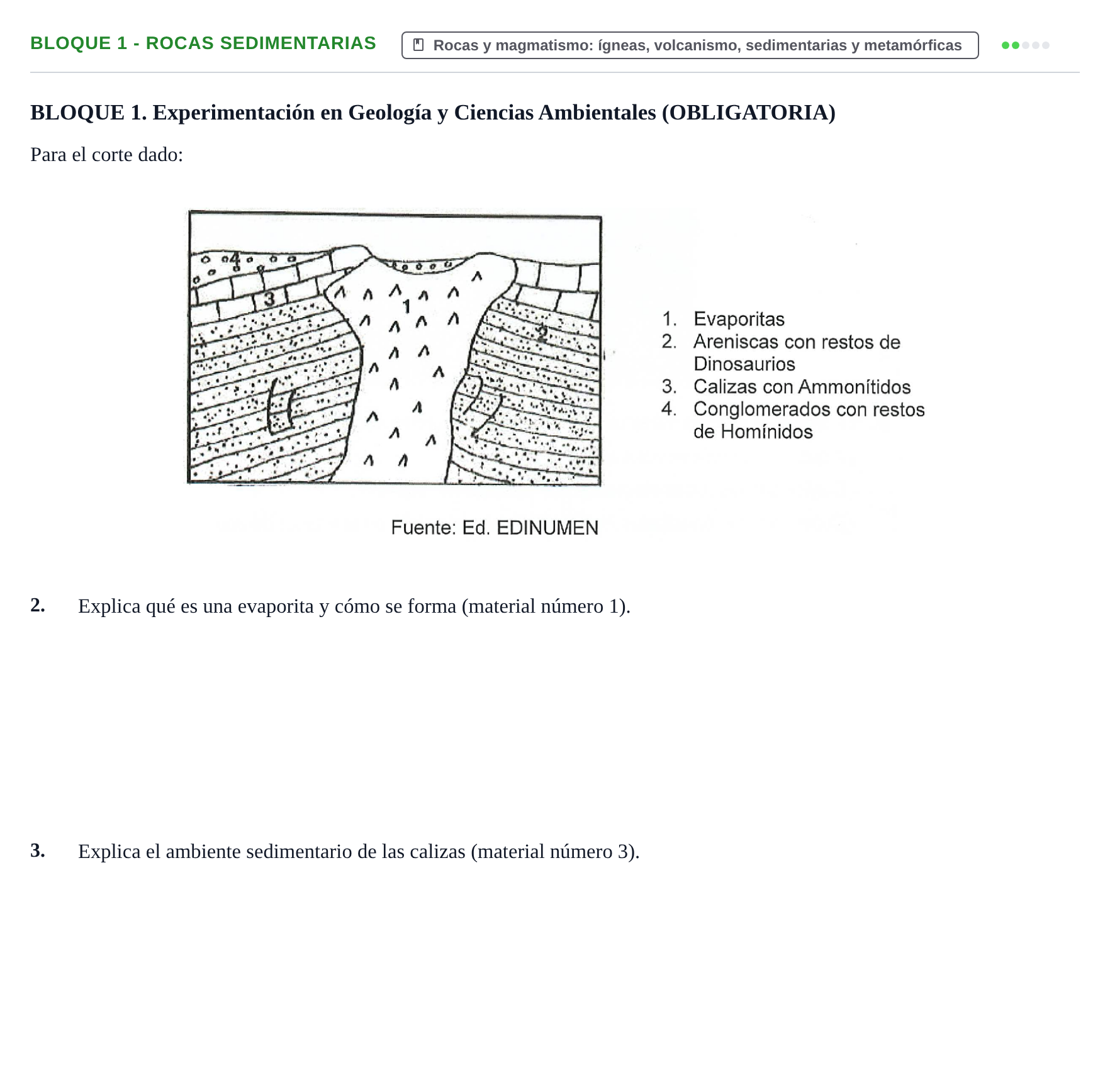 Enunciado: Bloque 1 - Rocas sedimentarias · Geología y Ciencias Ambientales PAU Navarra Ordinaria 2026