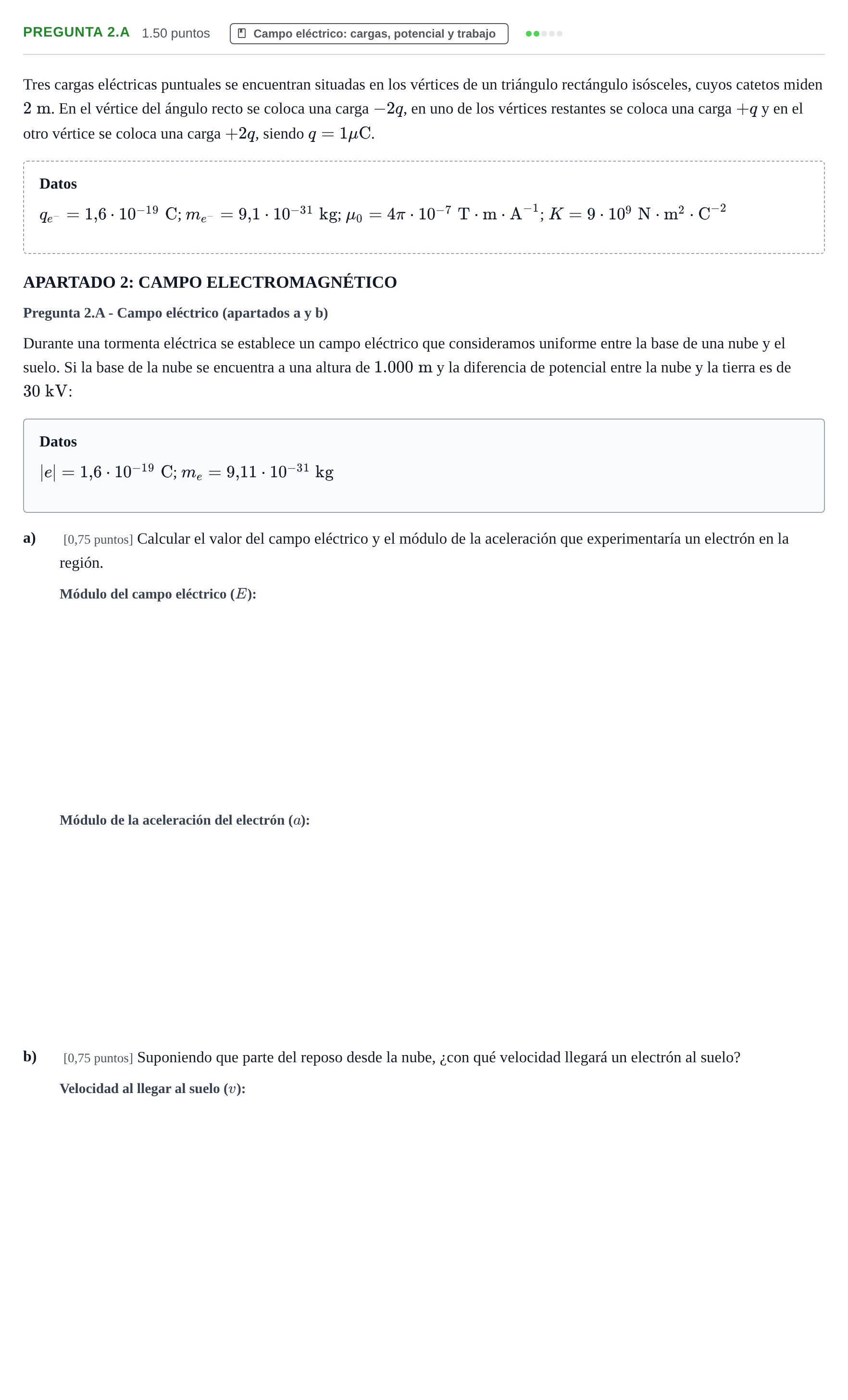 Enunciado: Pregunta 2.A - Campo eléctrico · Física PAU Navarra Ordinaria 2026