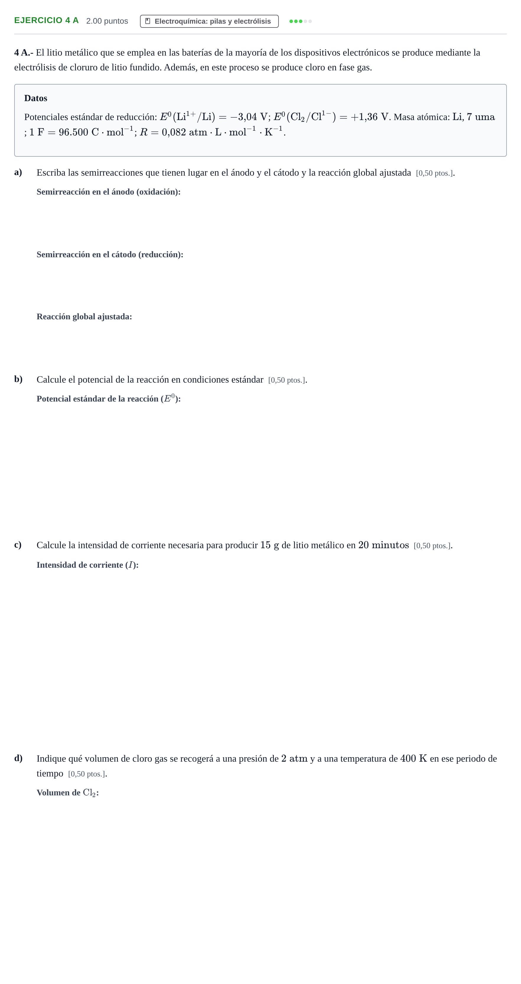 Enunciado: Ejercicio 4 A · Química PAU Navarra Ordinaria 2026