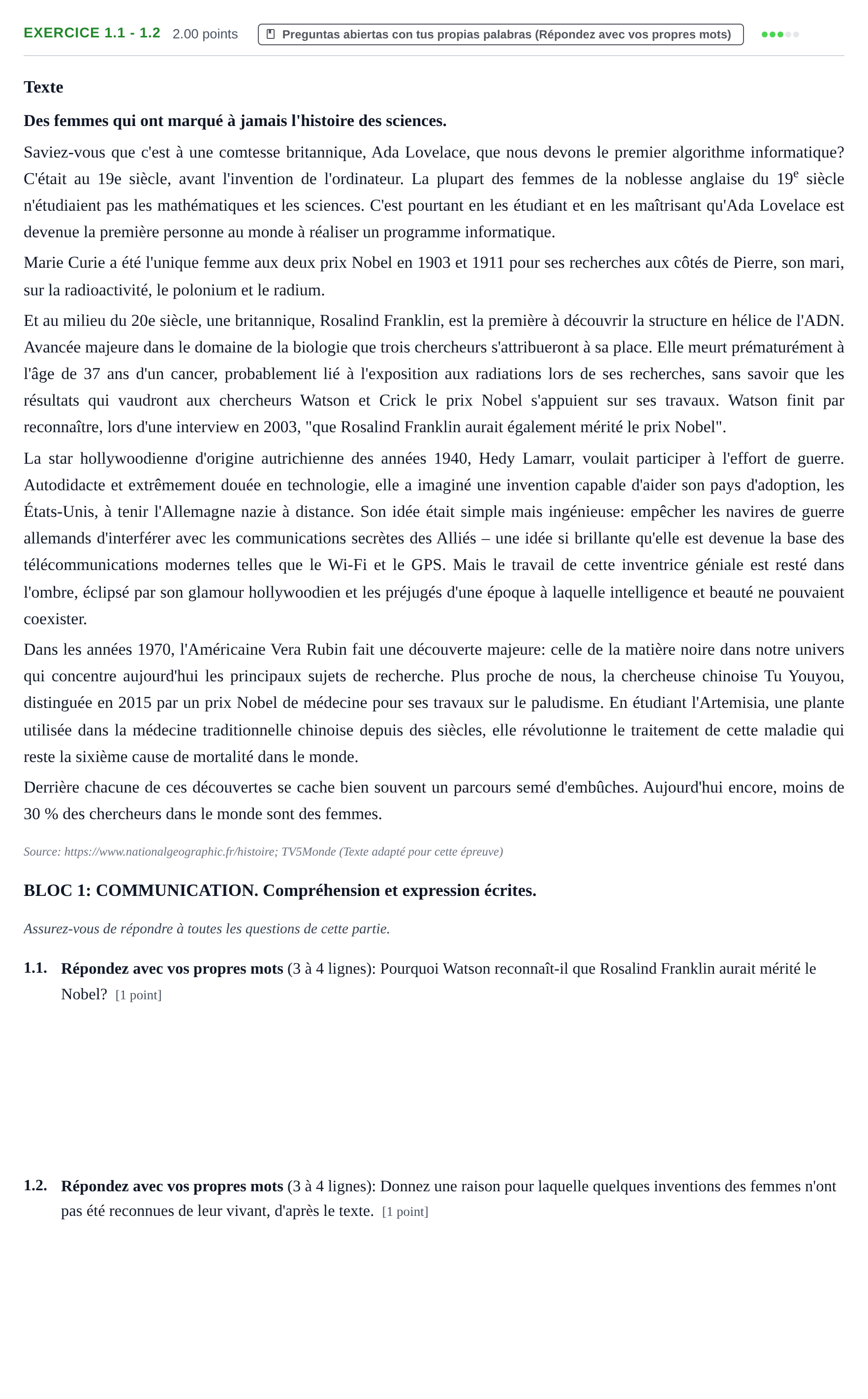 Enunciado: Ejercicio 1.1 - 1.2 · Francés PAU Navarra Extraordinaria 2026