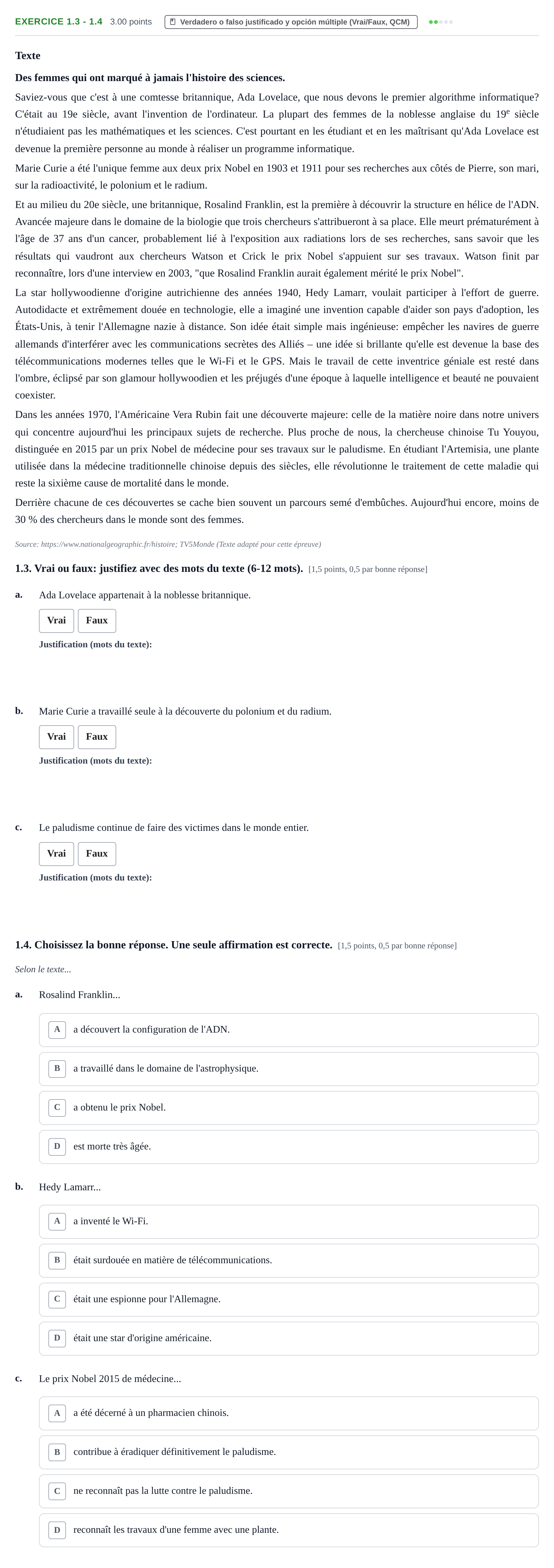 Enunciado: Ejercicio 1.3 - 1.4 · Francés PAU Navarra Extraordinaria 2026