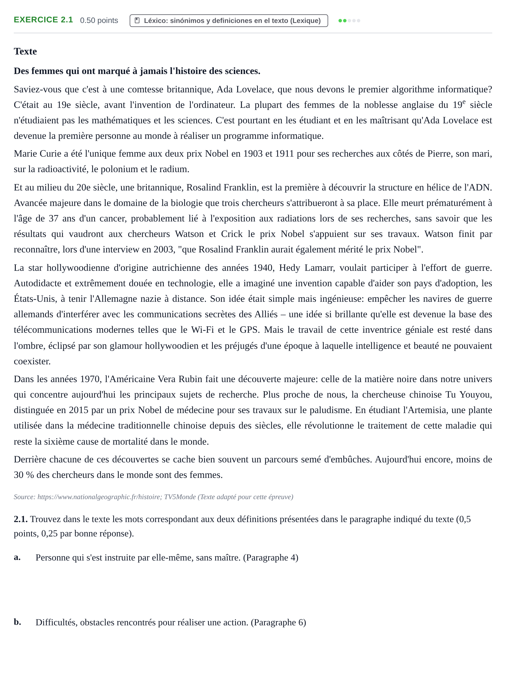 Enunciado: Ejercicio 2.1 · Francés PAU Navarra Extraordinaria 2026