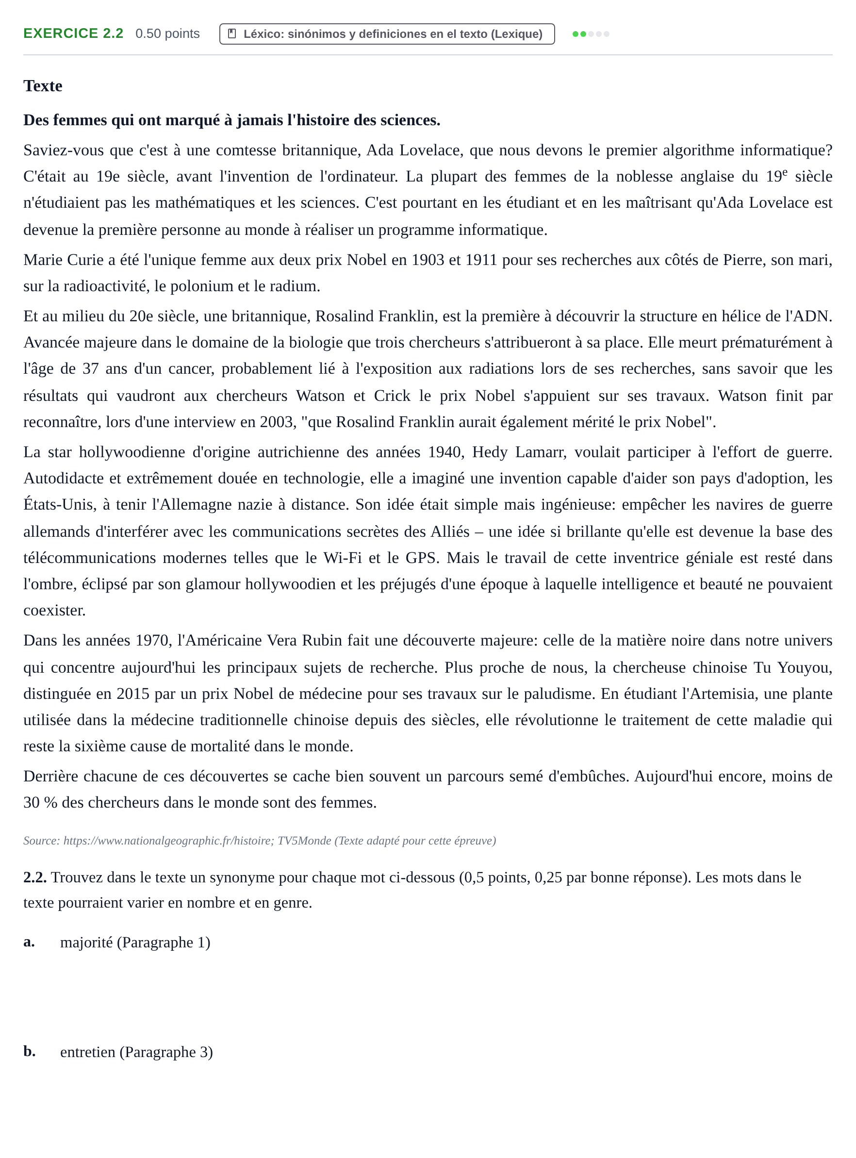 Enunciado: Ejercicio 2.2 · Francés PAU Navarra Extraordinaria 2026