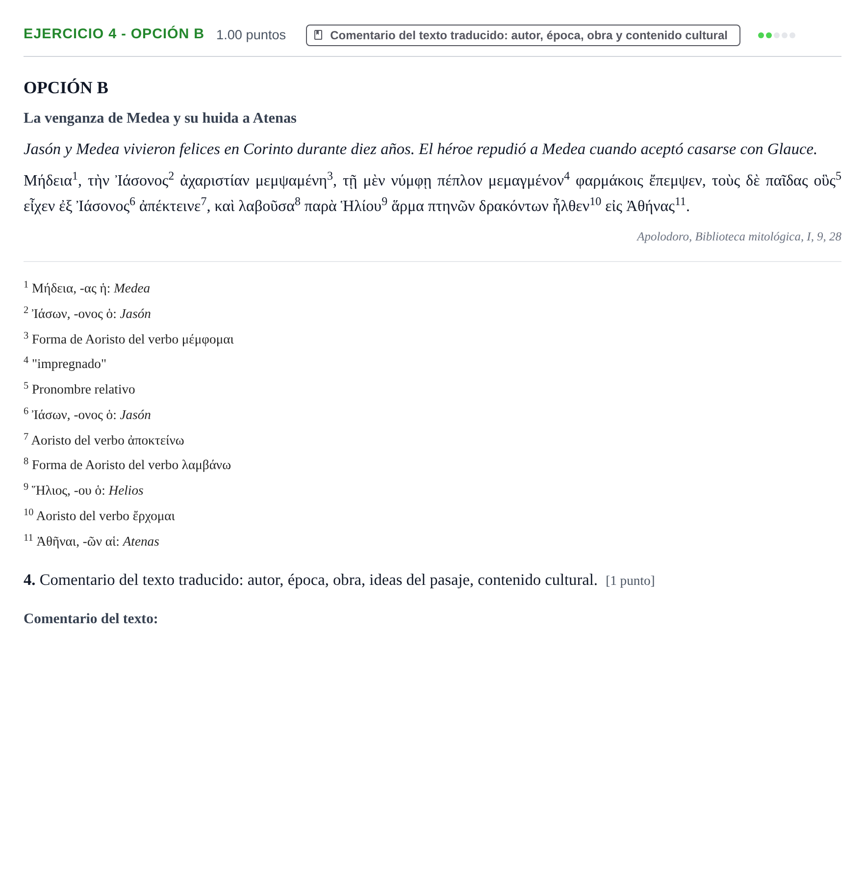 Enunciado: Ejercicio 4 - Opción B · Griego II PAU Navarra Extraordinaria 2026