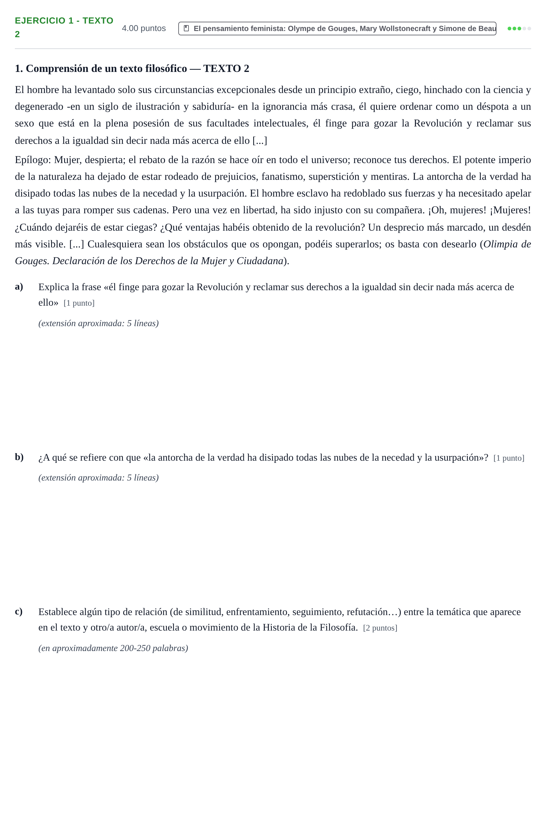 Enunciado: Ejercicio 1 - Texto 2 · Historia de la Filosofía PAU Navarra Extraordinaria 2026