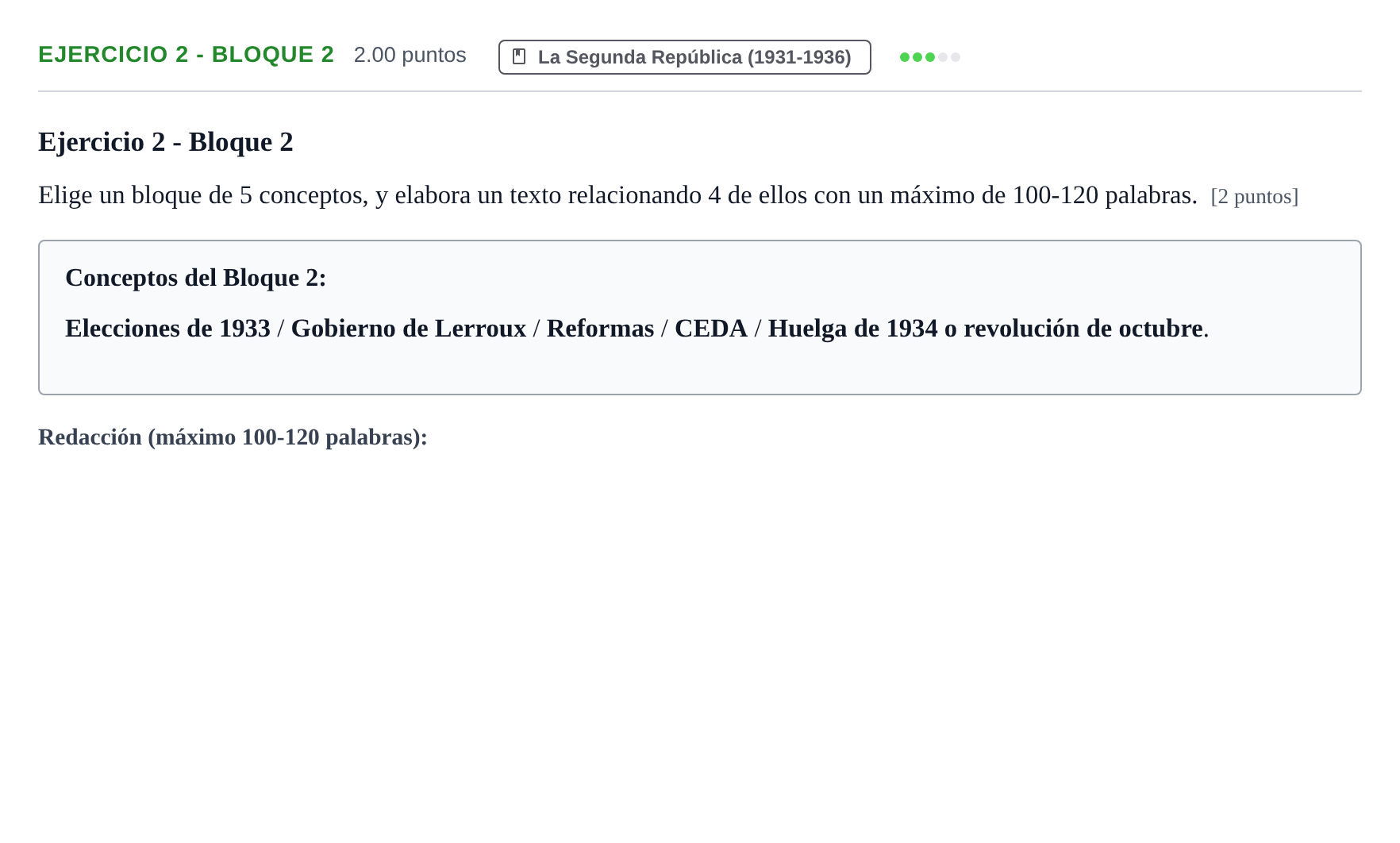 Enunciado: Ejercicio 2 - Bloque 2 · Historia de España PAU Navarra Extraordinaria 2026