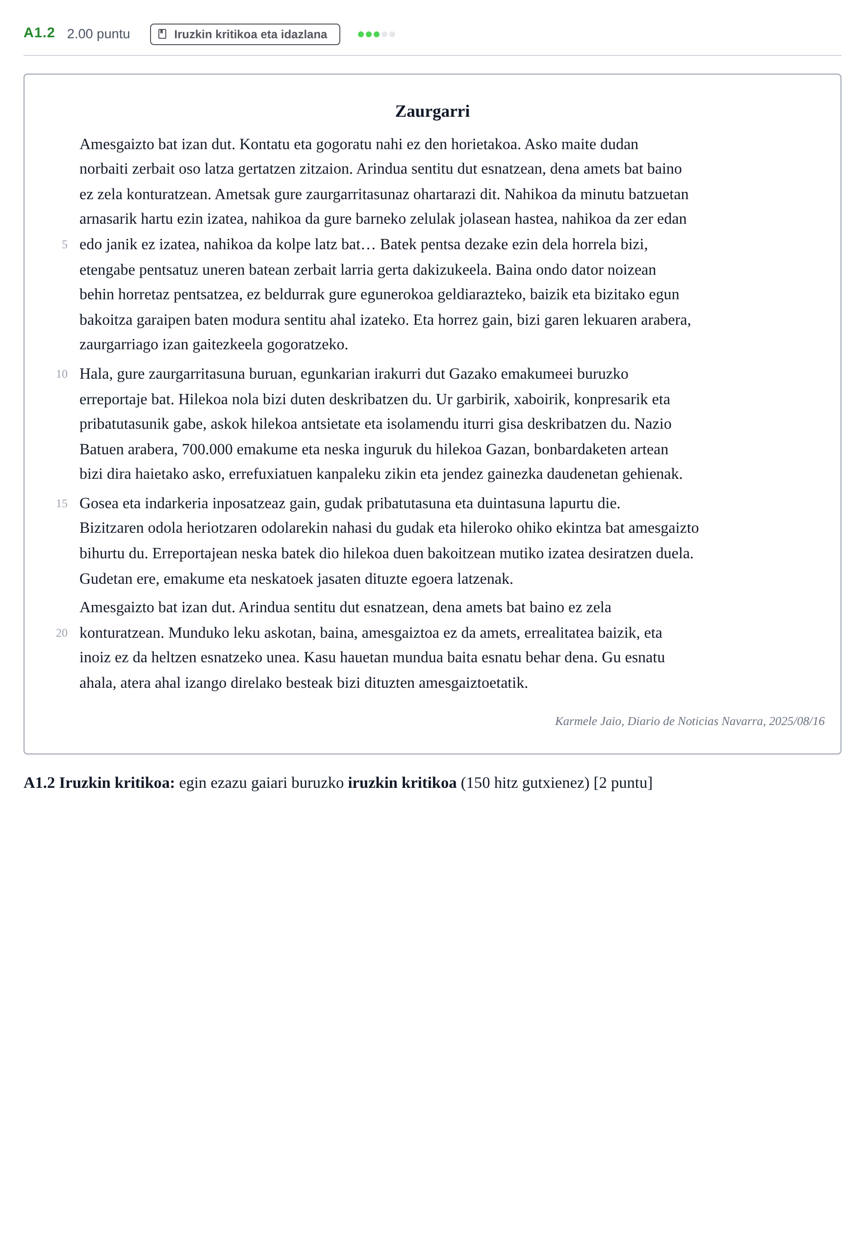 Enunciado: Ejercicio A1.2 · Lengua Vasca y Literatura II PAU Navarra Extraordinaria (Modelo D) 2026