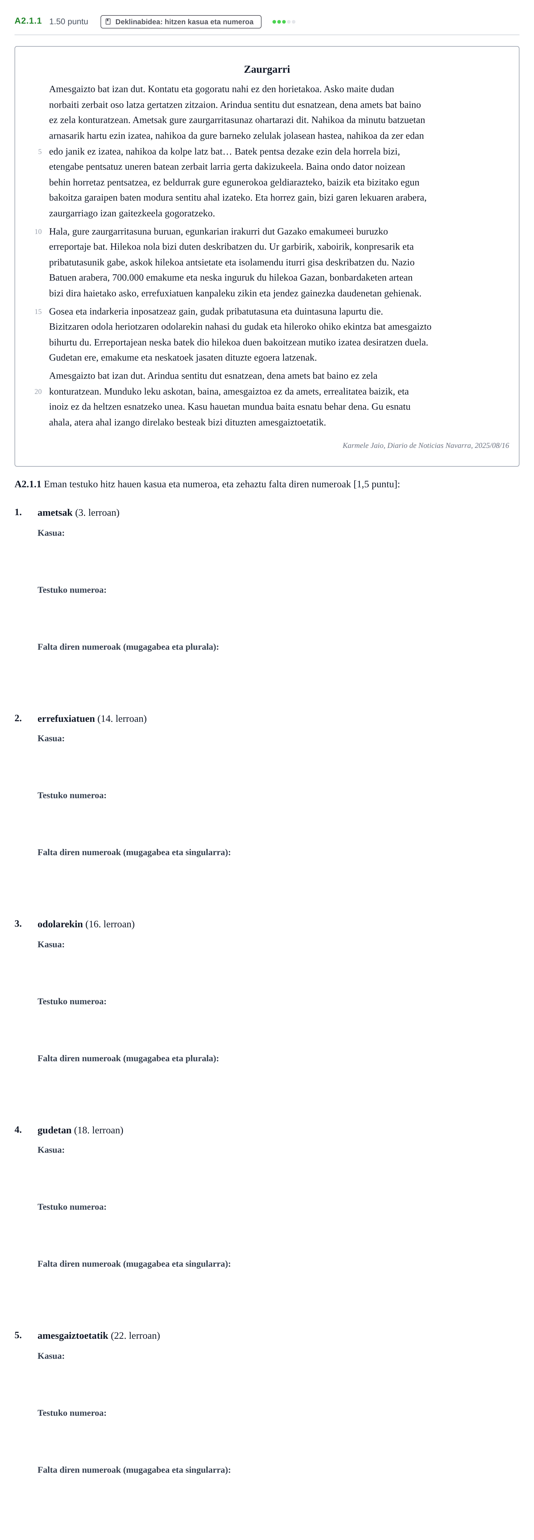 Enunciado: Ejercicio A2.1.1 · Lengua Vasca y Literatura II PAU Navarra Extraordinaria (Modelo D) 2026