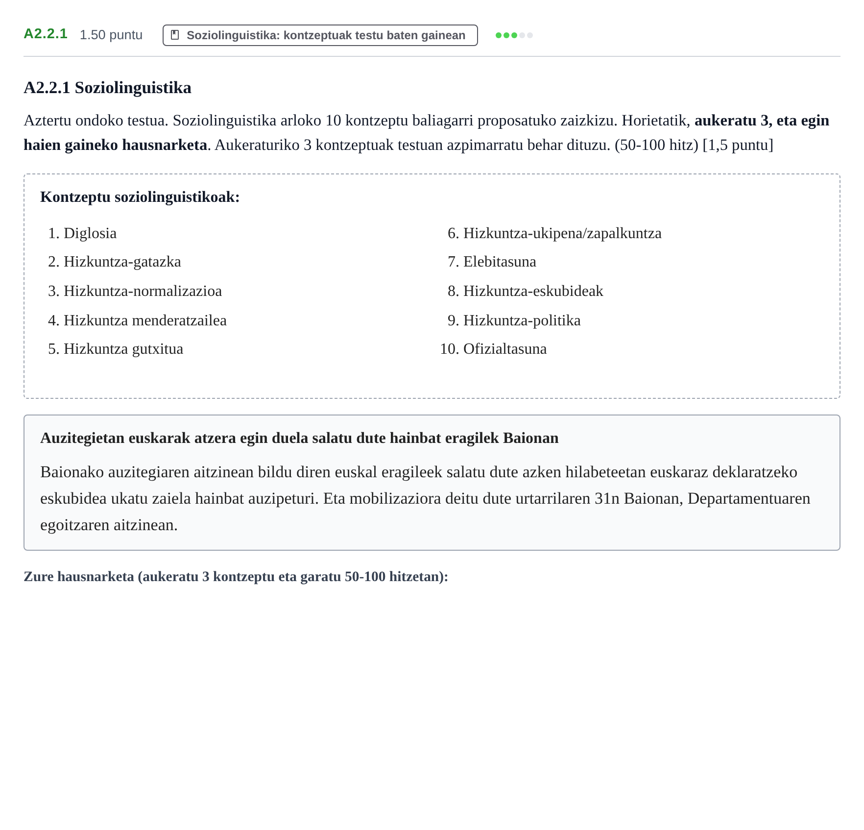 Enunciado: Ejercicio A2.2.1 · Lengua Vasca y Literatura II PAU Navarra Extraordinaria (Modelo D) 2026