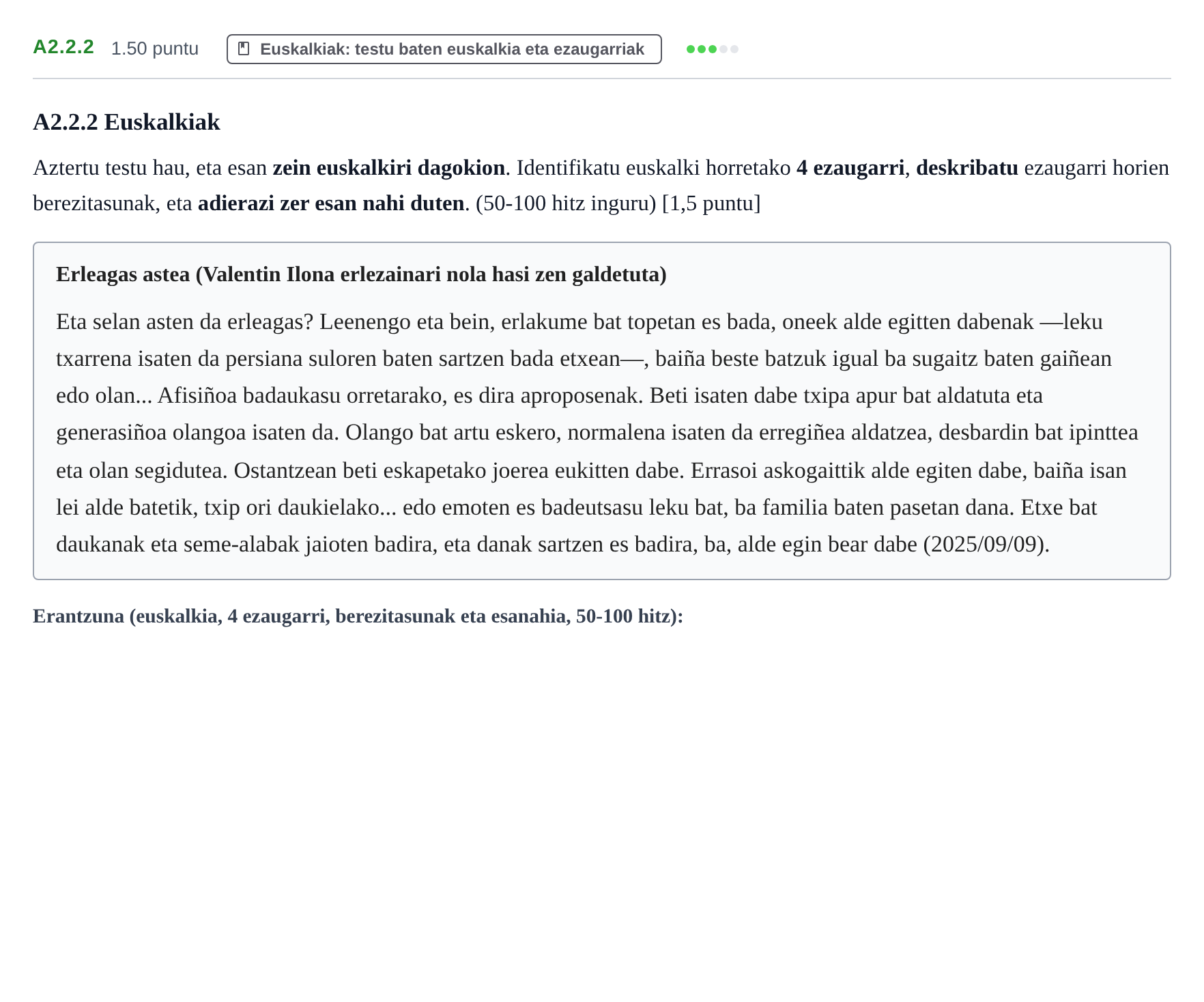 Enunciado: Ejercicio A2.2.2 · Lengua Vasca y Literatura II PAU Navarra Extraordinaria (Modelo D) 2026
