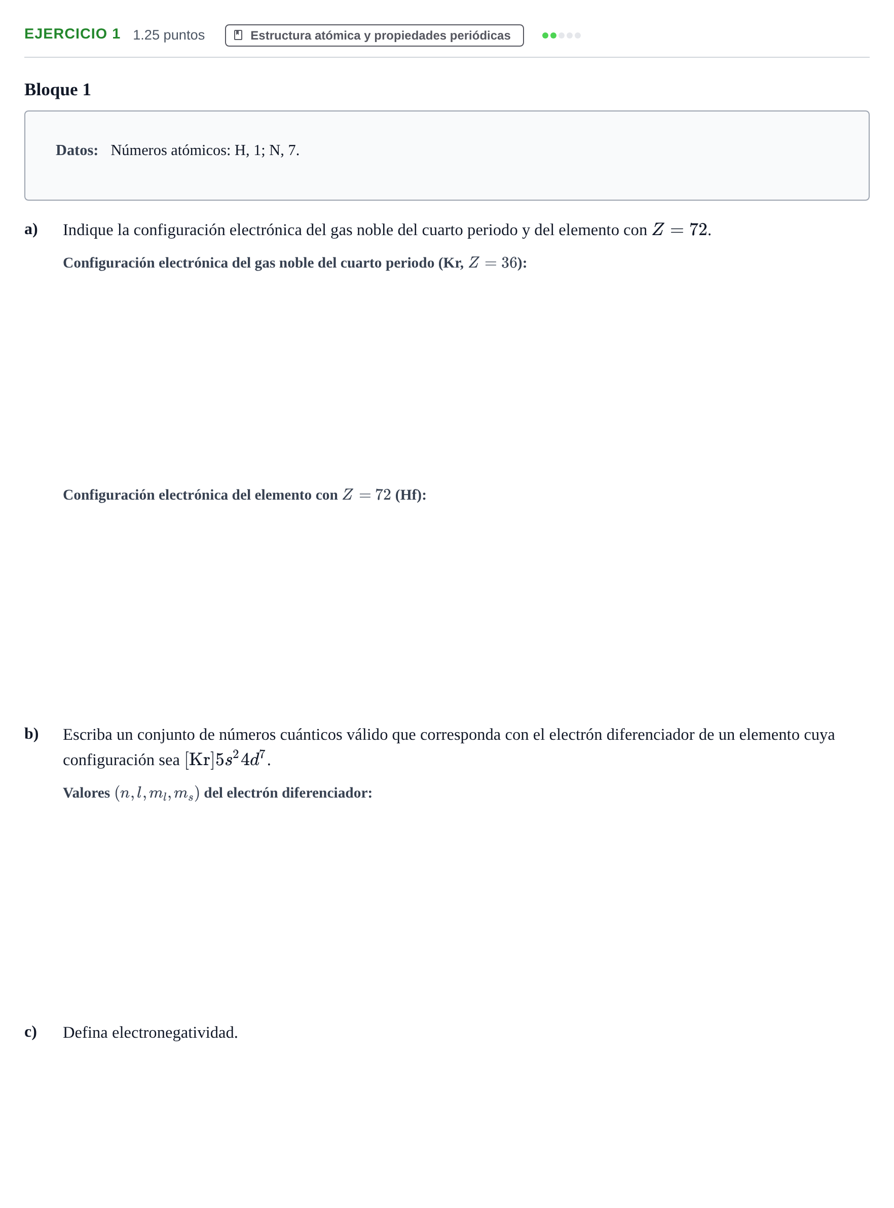 Enunciado: Ejercicio 1 - Estructura atómica y propiedades periódicas · Química PAU Navarra Extraordinaria 2026