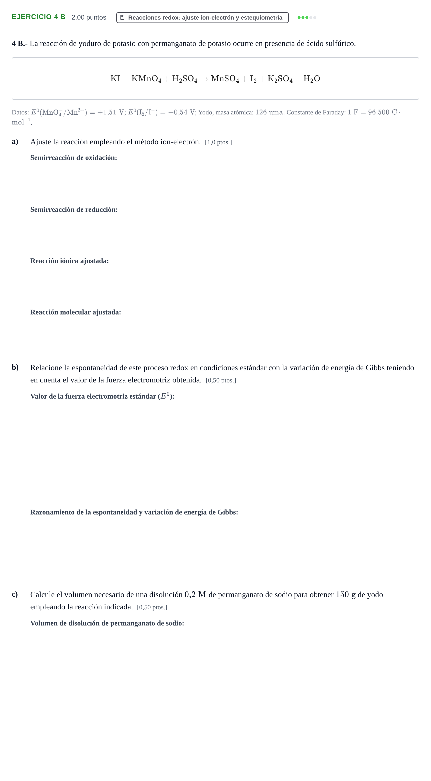 Enunciado: Ejercicio 4 B · Química PAU Navarra Extraordinaria 2026