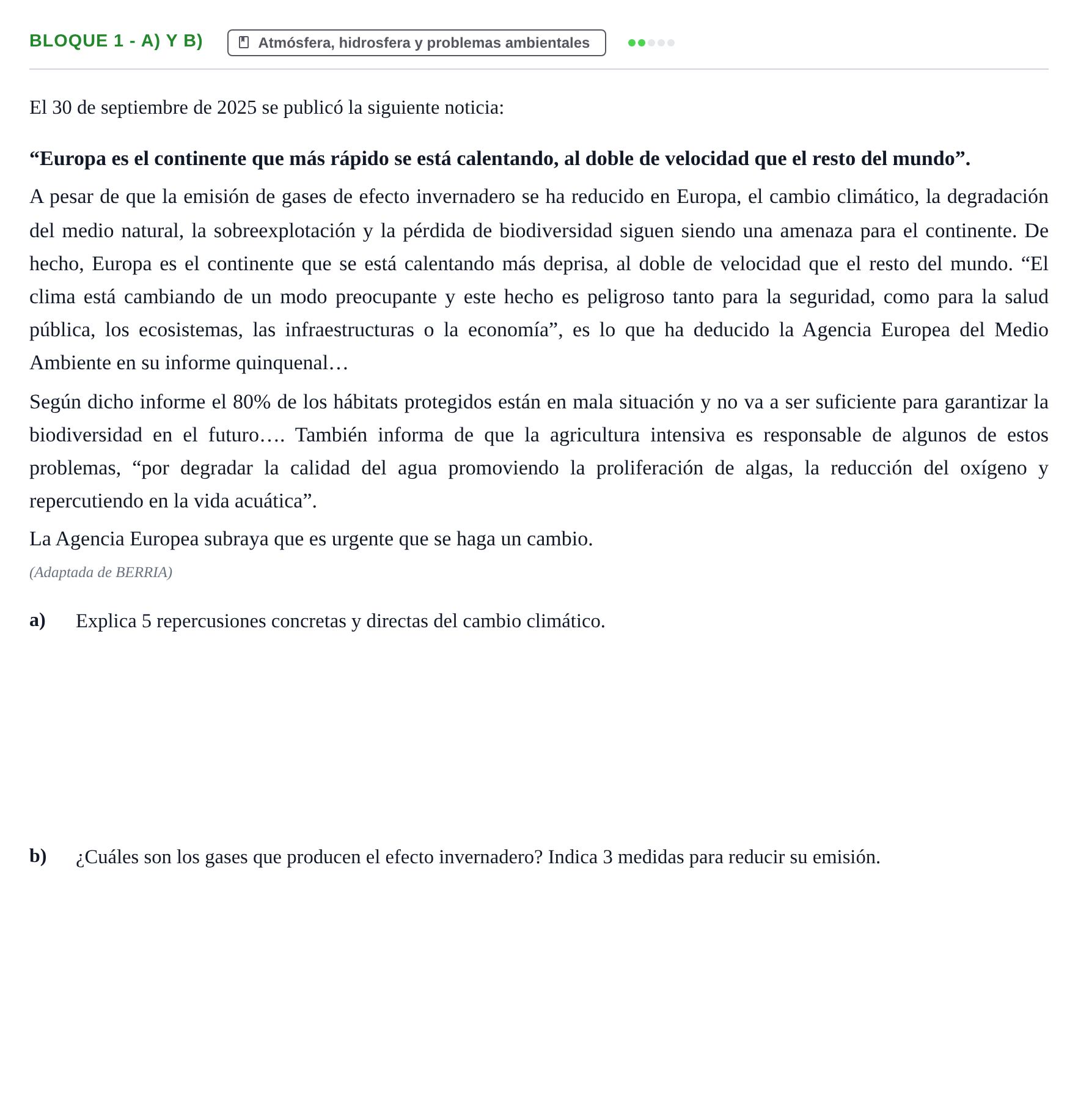 Enunciado: Bloque 1 - a) y b) · Ciencias Generales PAU Navarra Ordinaria 2026