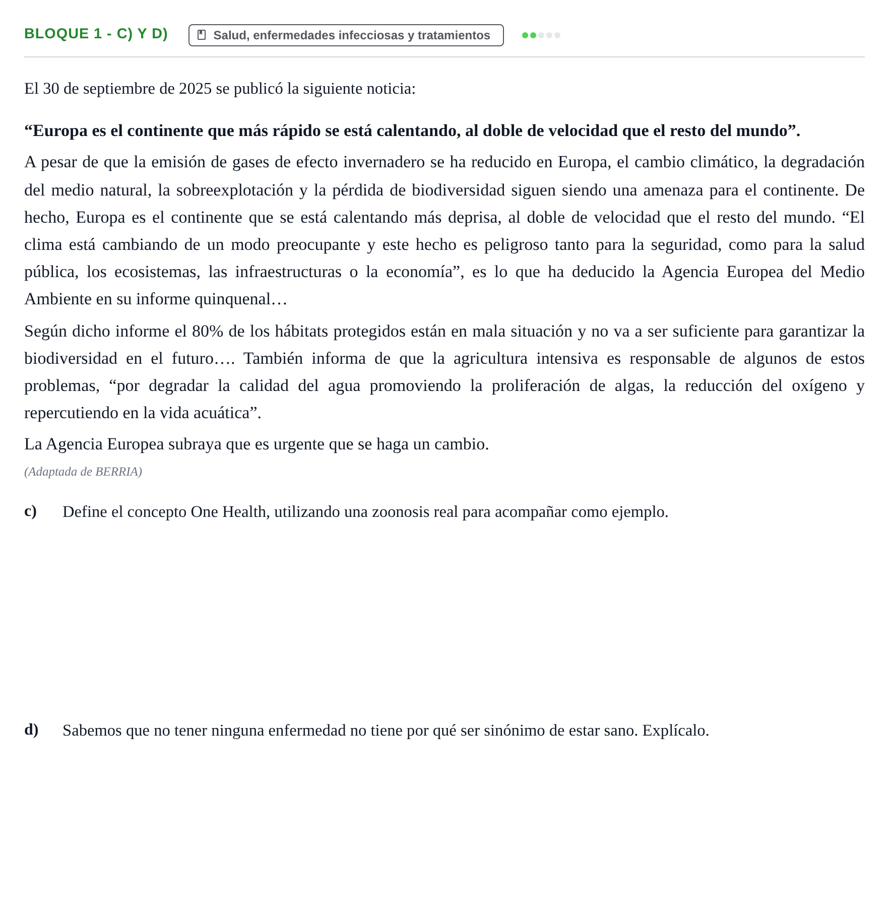 Enunciado: Bloque 1 - c) y d) · Ciencias Generales PAU Navarra Ordinaria 2026