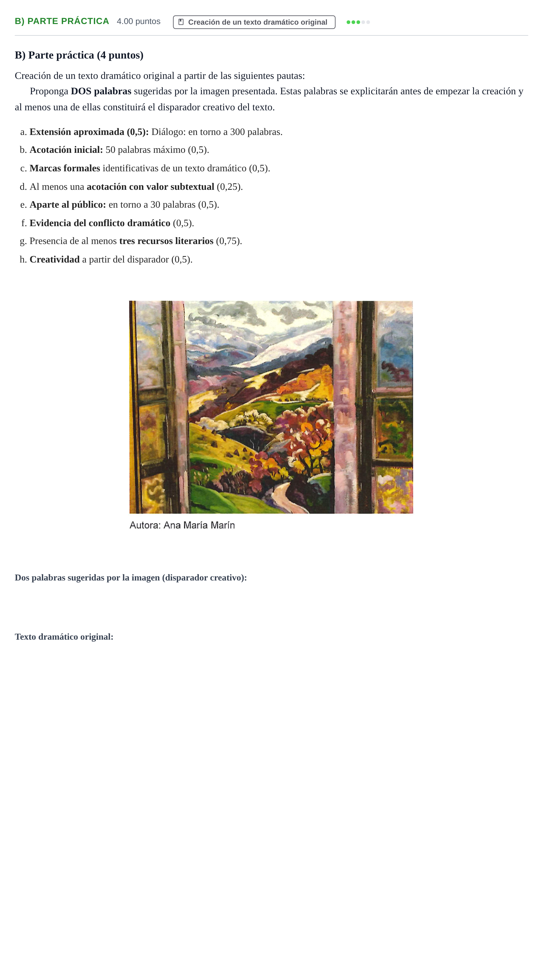 Enunciado: Ejercicio B) Parte práctica · Literatura Dramática PAU Navarra Ordinaria 2026