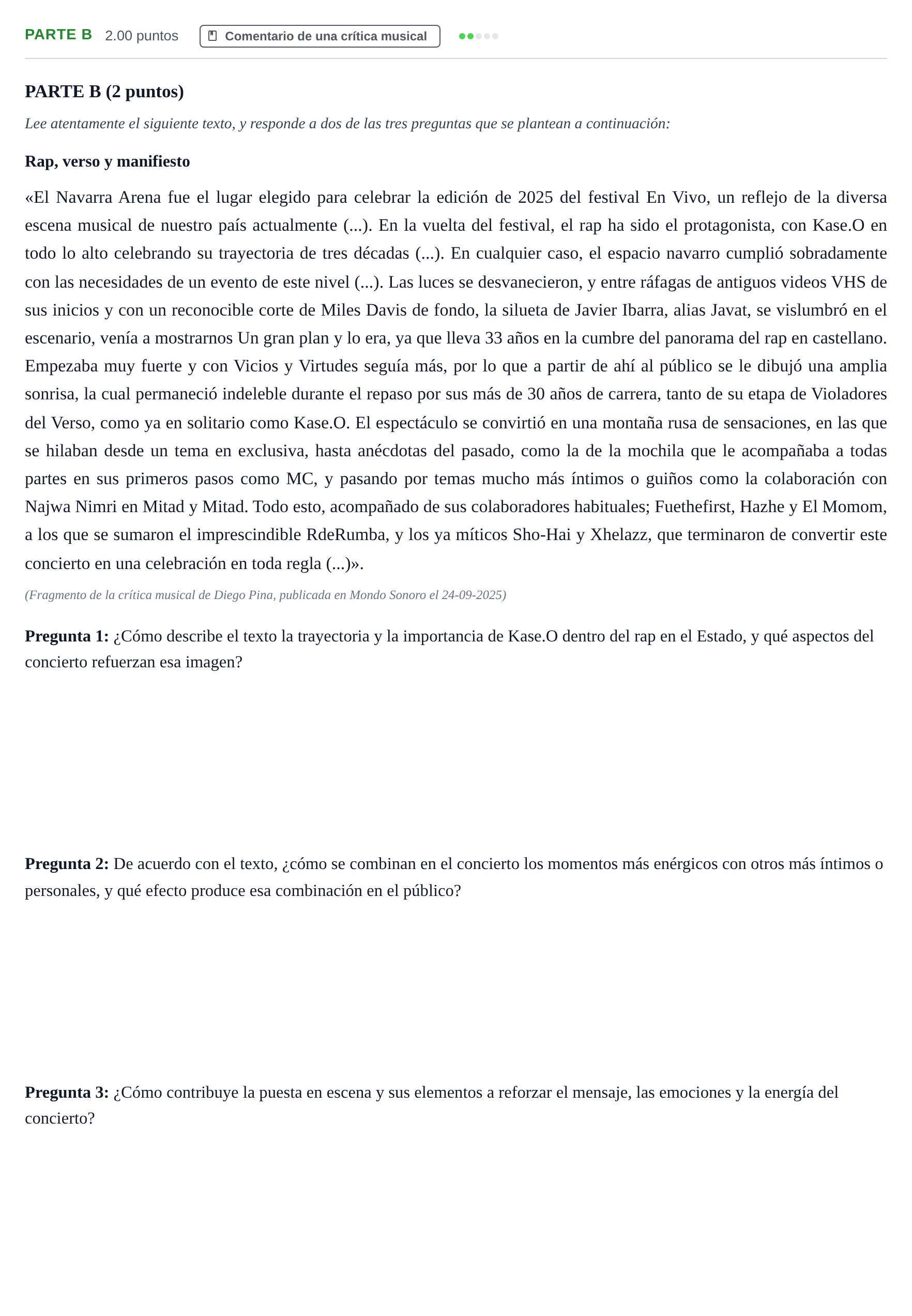 Enunciado: Ejercicio Parte B · Análisis Musical II PAU Navarra Ordinaria 2026
