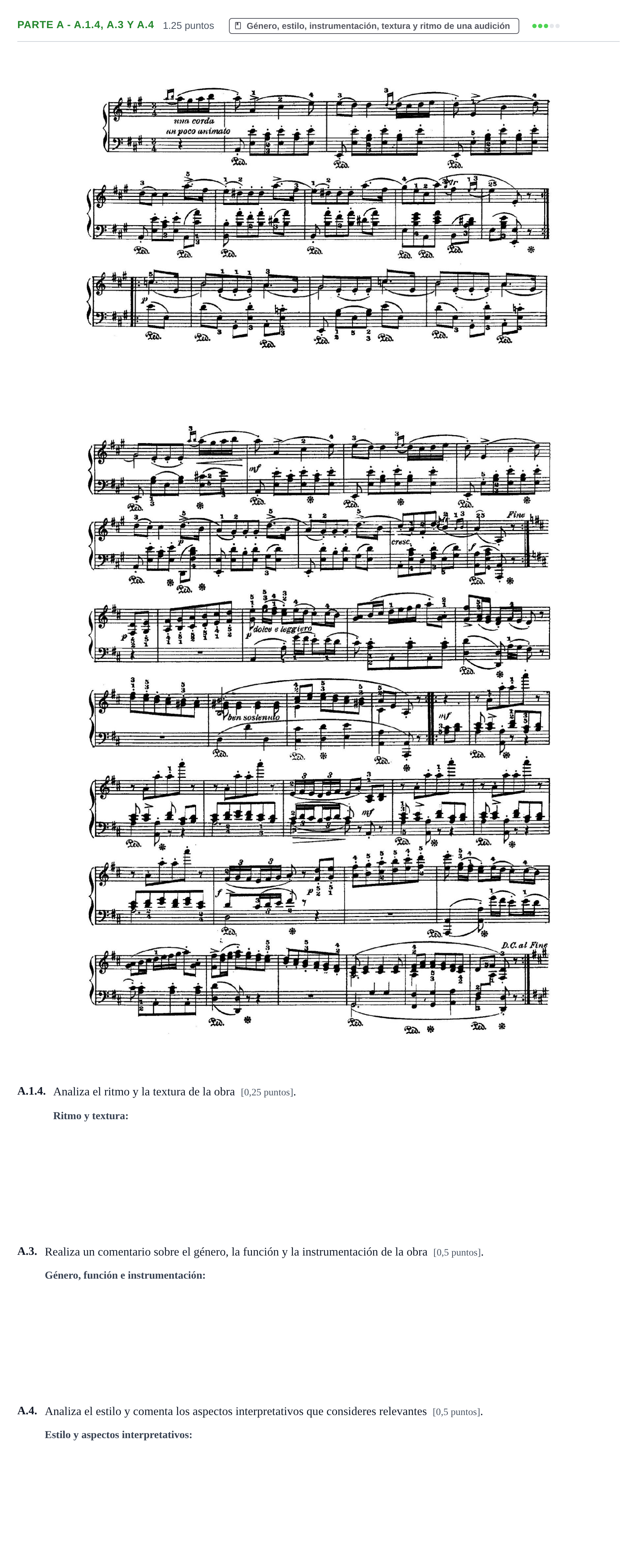 Enunciado: Ejercicio Parte A - A.1.4, A.3 y A.4 · Análisis Musical II PAU Navarra Extraordinaria 2026