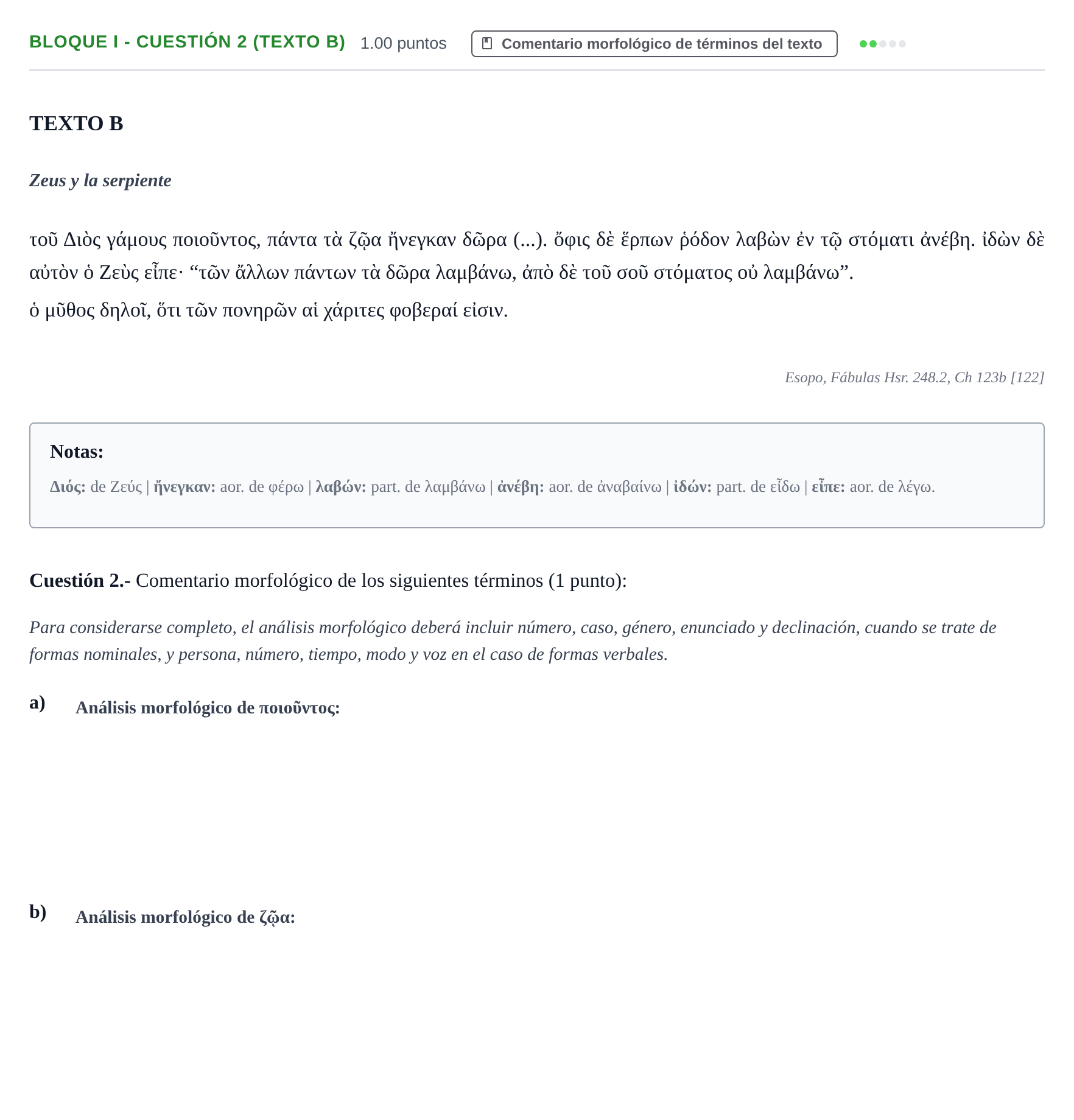 Enunciado: Bloque I - Cuestión 2 (Texto B) · Griego II PAU Murcia Ordinaria 2026