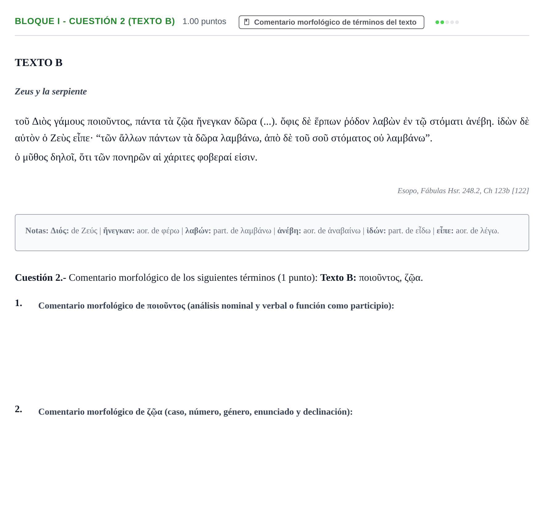 Enunciado: Bloque I - Cuestión 2 (Texto B) · Griego II PAU Murcia Ordinaria 2026
