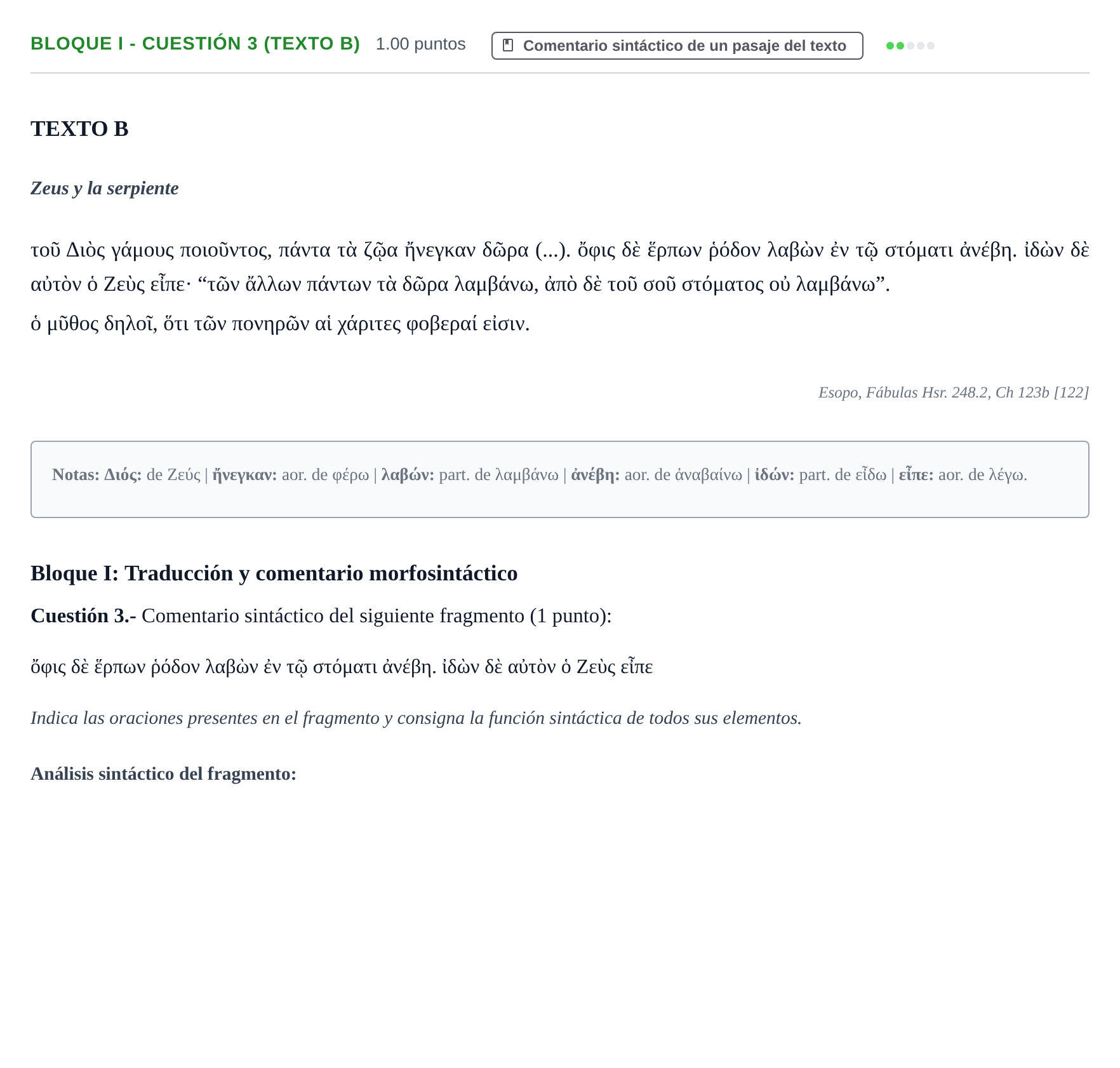 Enunciado: Bloque I - Cuestión 3 (Texto B) · Griego II PAU Murcia Ordinaria 2026
