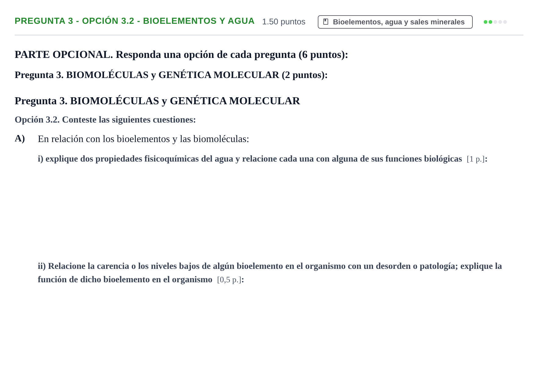 Enunciado: Pregunta 3 - Opción 3.2 - Bioelementos y agua · Biología PAU Murcia Ordinaria 2026