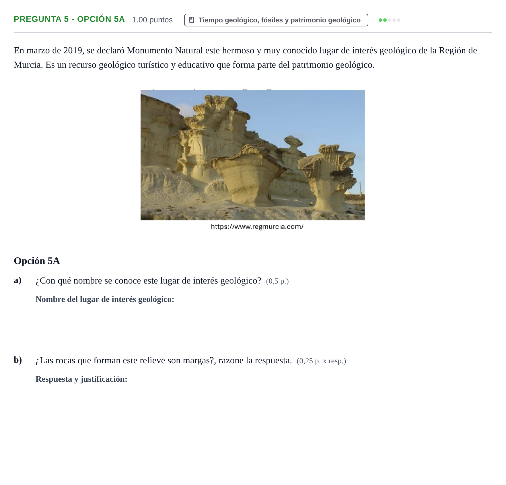 Enunciado: Pregunta 5 - Opción 5A · Geología y Ciencias Ambientales PAU Murcia Ordinaria 2026