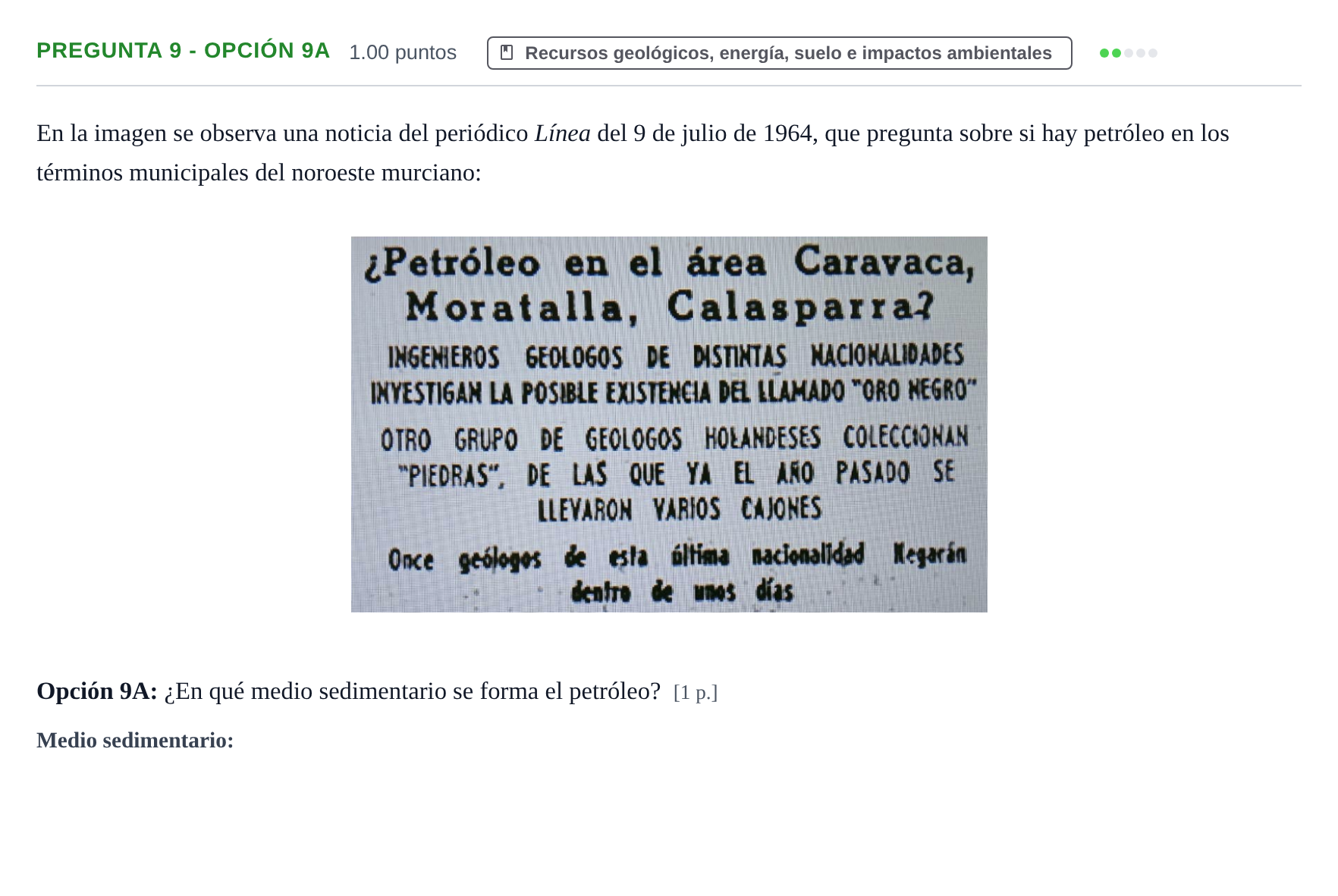 Enunciado: Pregunta 9 - Opción 9A · Geología y Ciencias Ambientales PAU Murcia Ordinaria 2026