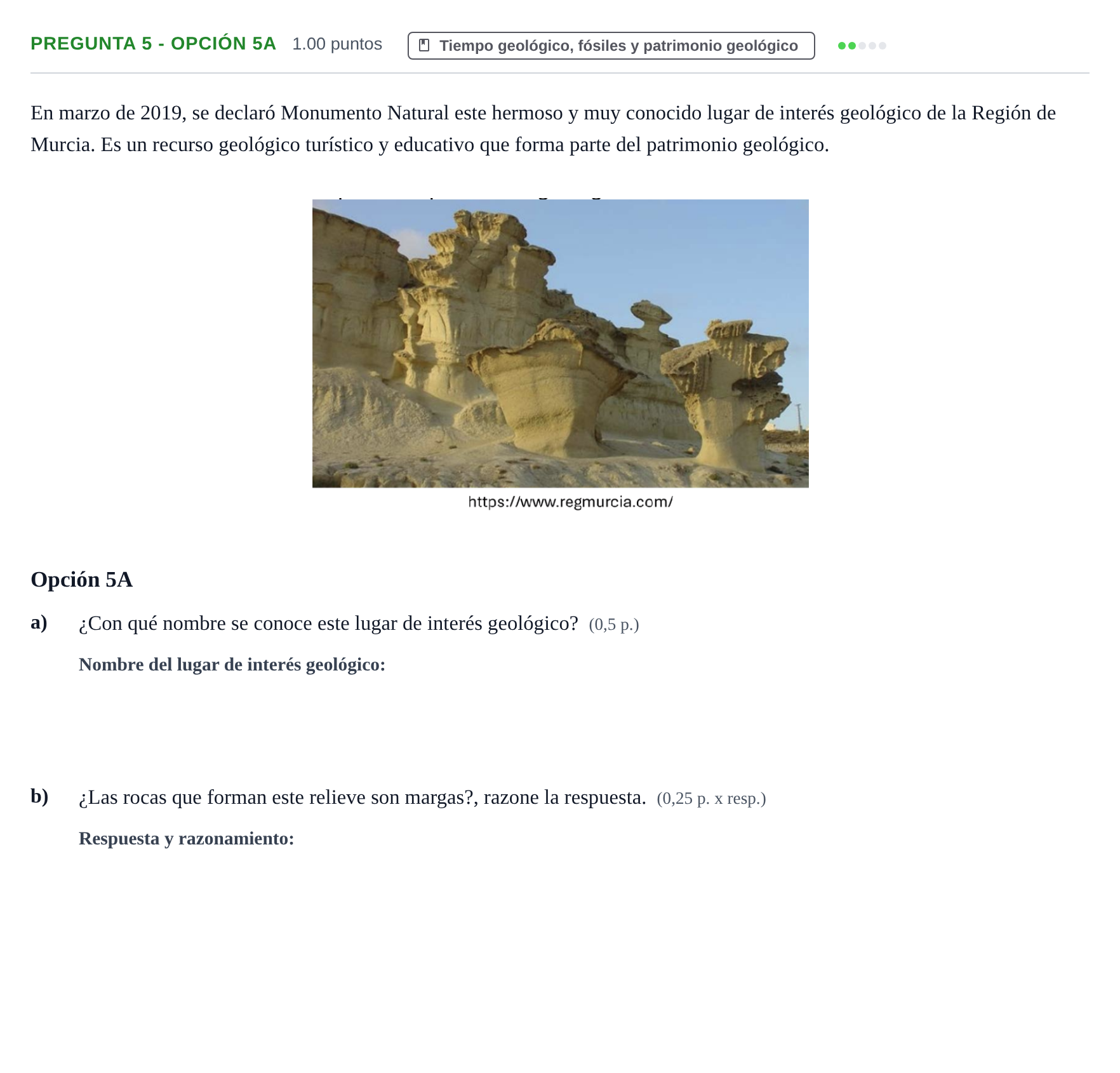 Enunciado: Pregunta 5 - Opción 5A · Geología y Ciencias Ambientales PAU Murcia Ordinaria 2026