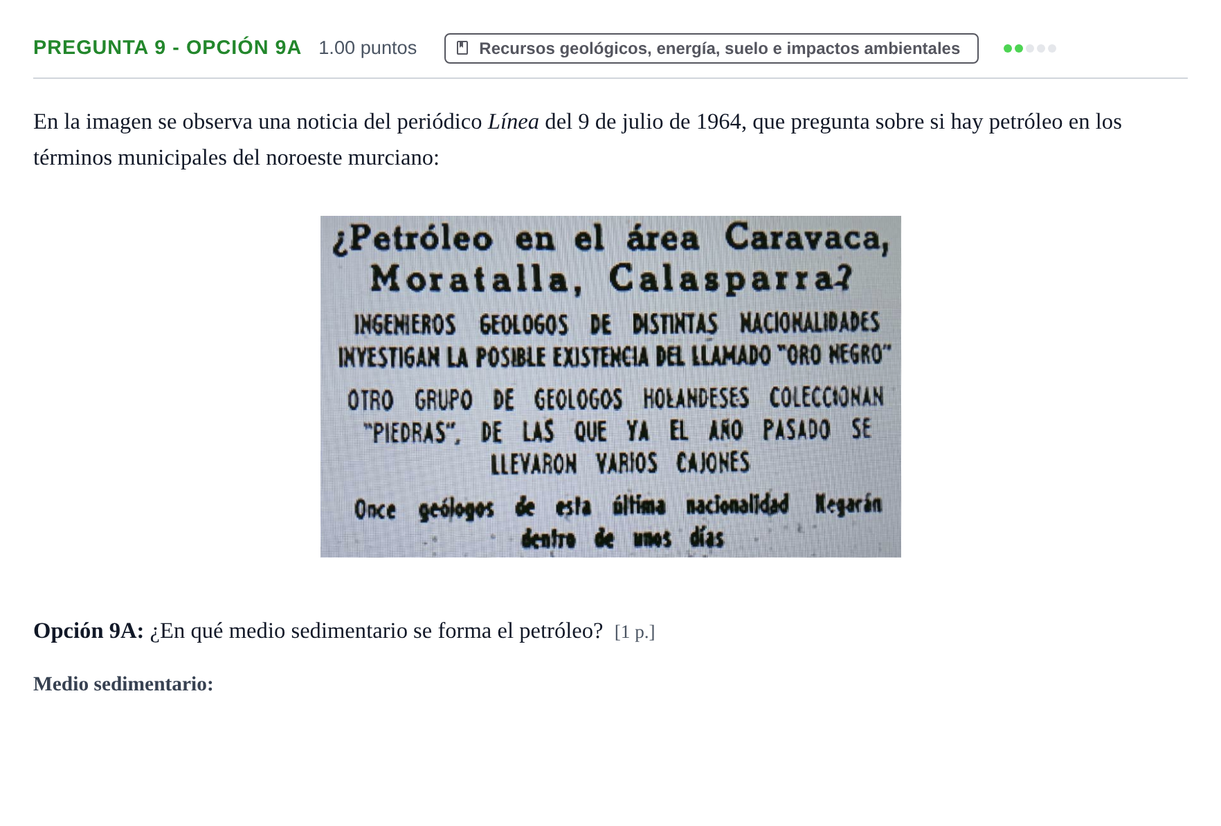 Enunciado: Pregunta 9 - Opción 9A · Geología y Ciencias Ambientales PAU Murcia Ordinaria 2026