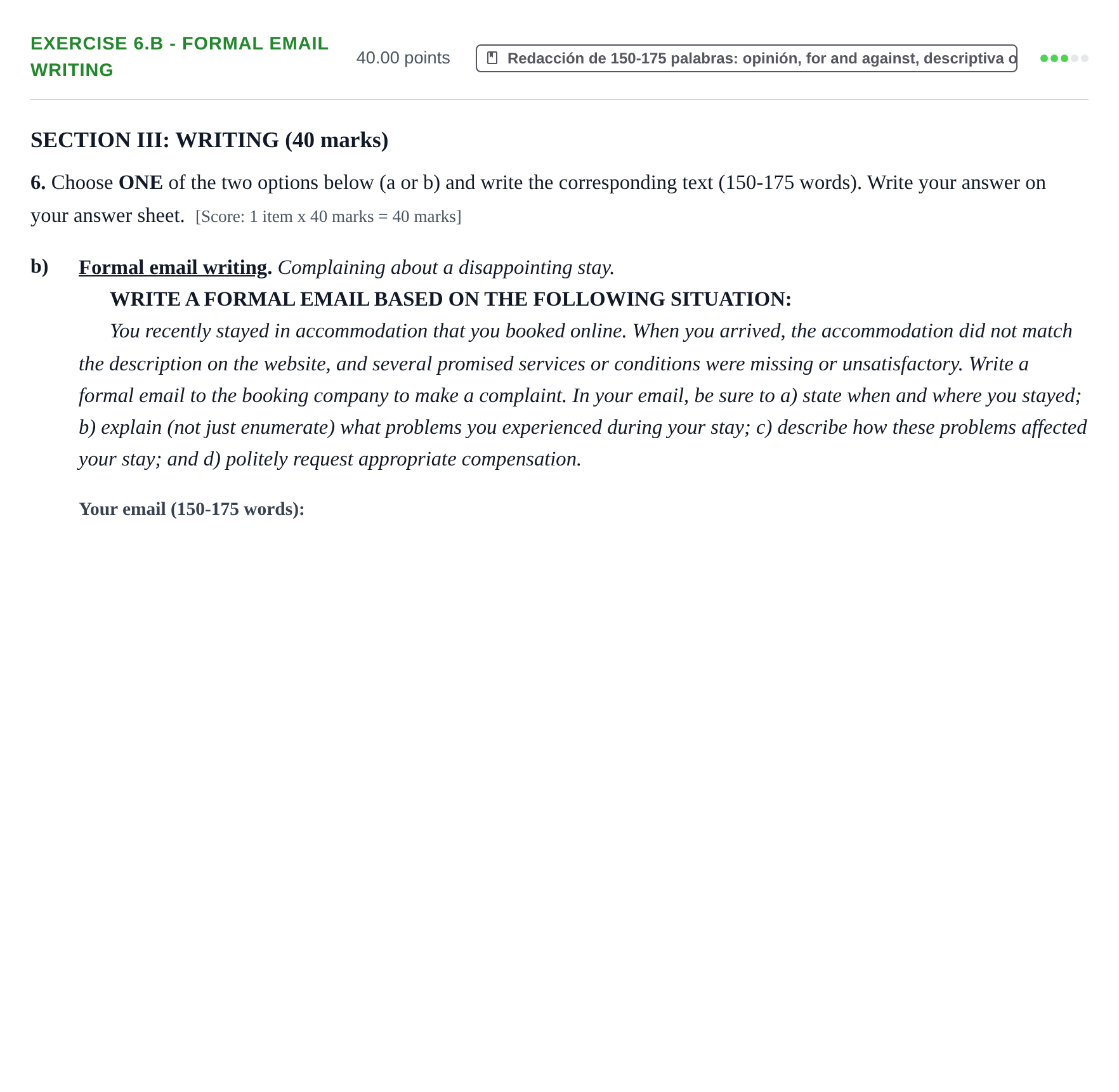 Enunciado: Ejercicio 6.b - Formal email writing · Inglés PAU Murcia Ordinaria 2026
