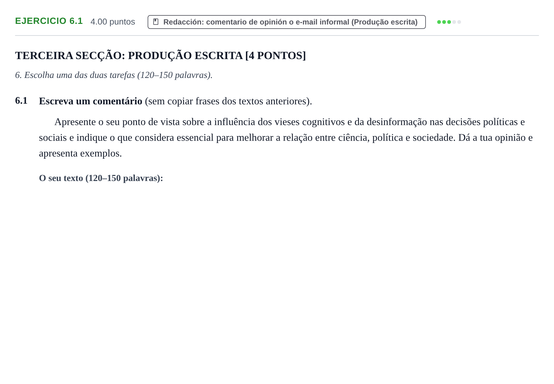 Enunciado: Ejercicio 6.1 · Portugués PAU Murcia Ordinaria 2026