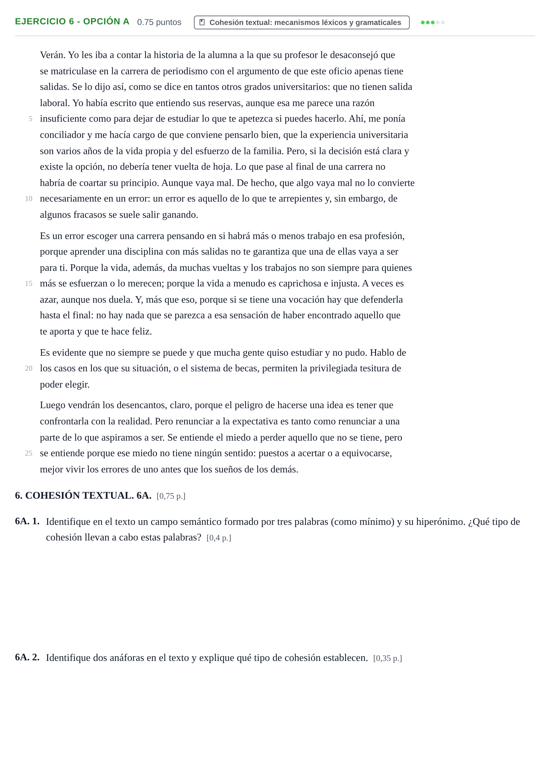 Enunciado: Ejercicio 6 - Opción A · Lengua Castellana y Literatura II PAU Murcia Ordinaria 2026