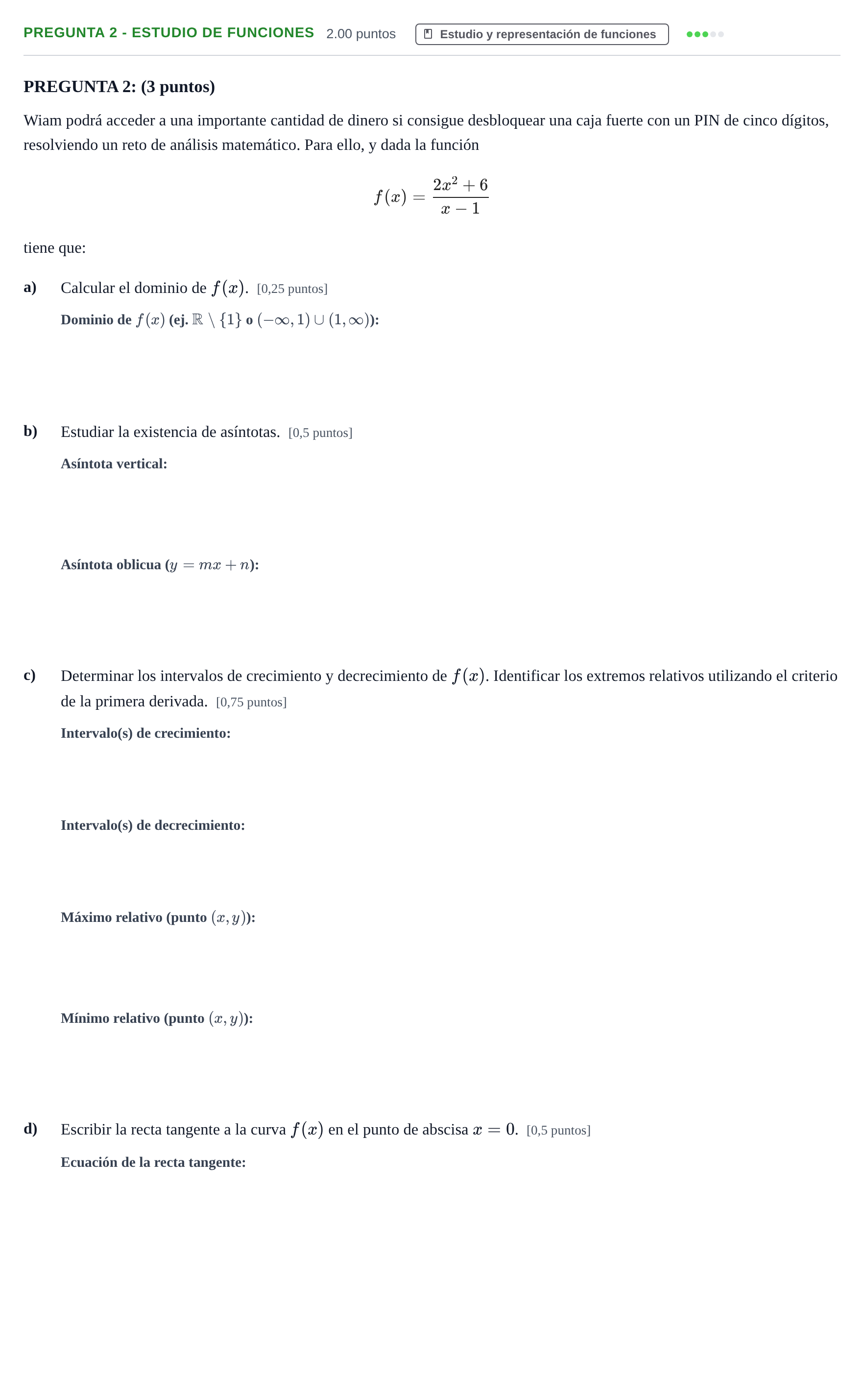 Enunciado: Pregunta 2 - Estudio de funciones · Matemáticas aplicadas a las Ciencias Sociales II PAU Murcia Ordinaria 2026