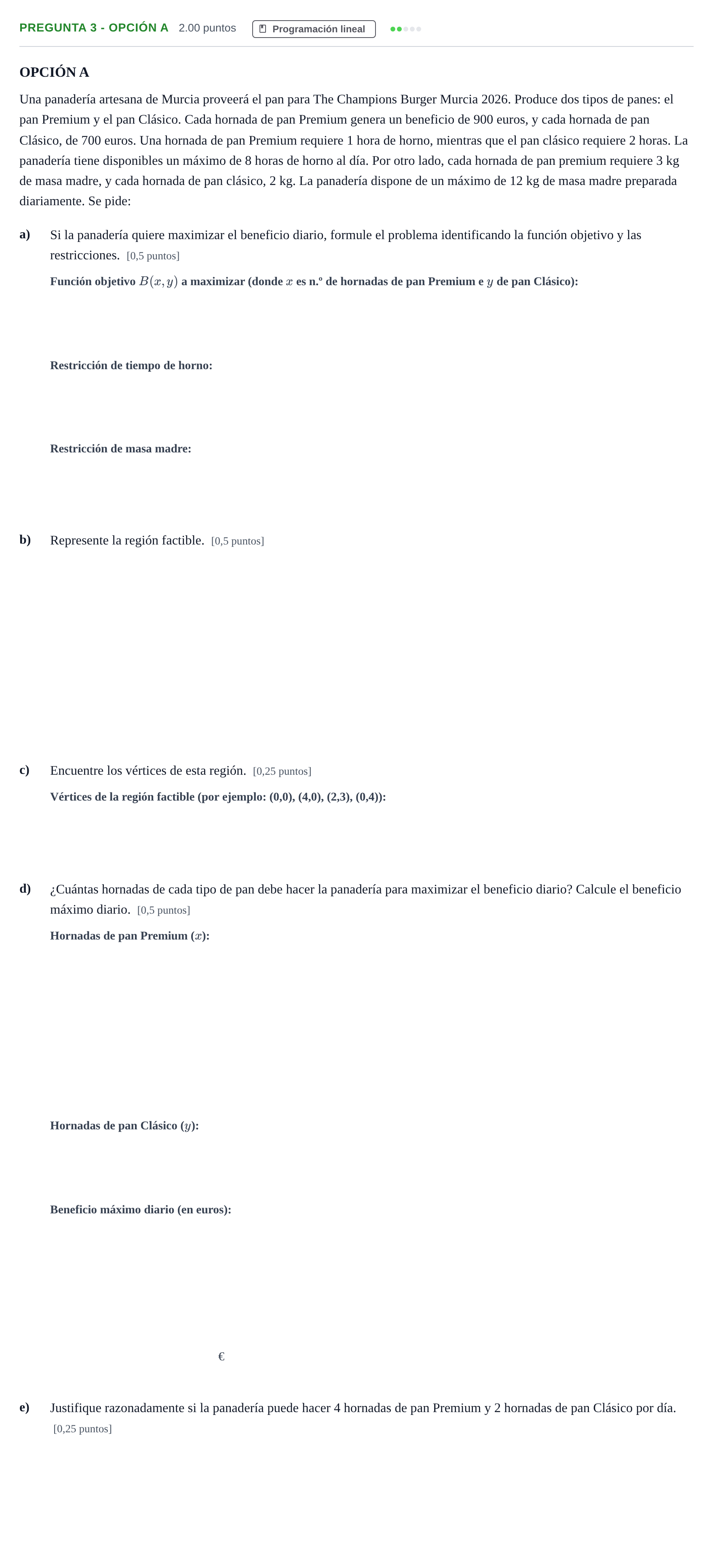 Enunciado: Pregunta 3 - Opción A · Matemáticas aplicadas a las Ciencias Sociales II PAU Murcia Ordinaria 2026