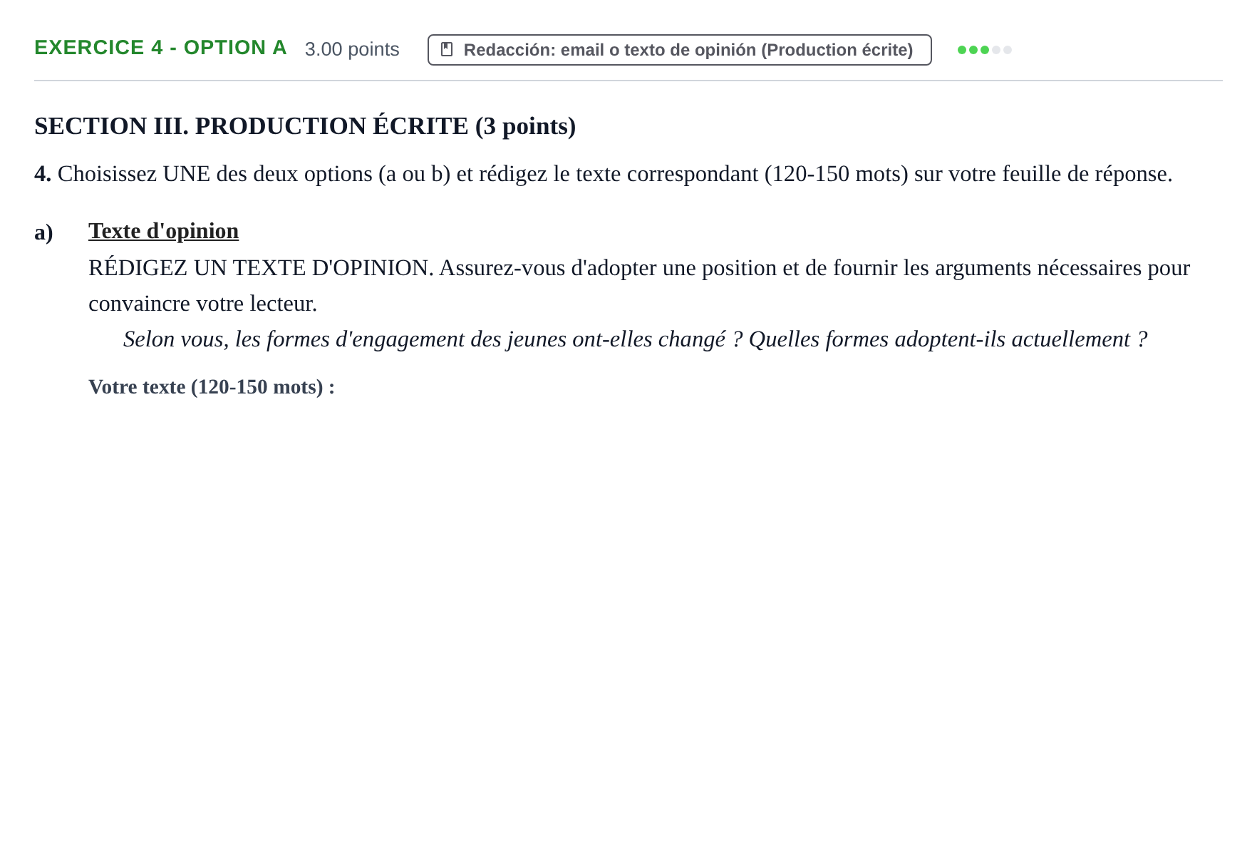 Enunciado: Ejercicio 4 - Option a · Francés PAU Murcia Extraordinaria 2026