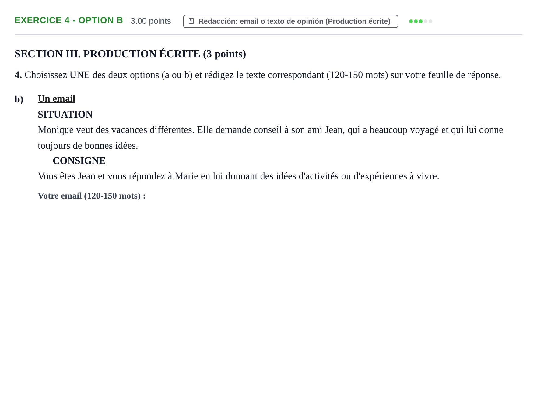 Enunciado: Ejercicio 4 - Option b · Francés PAU Murcia Extraordinaria 2026