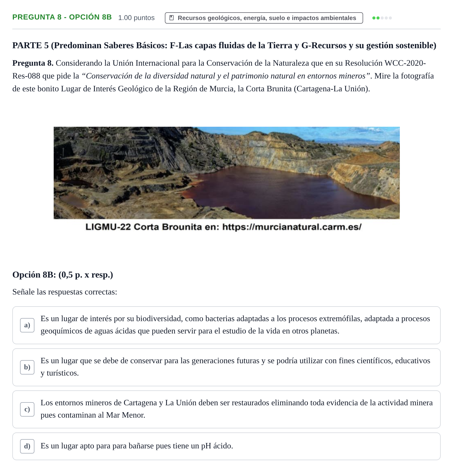 Enunciado: Pregunta 8 - Opción 8B · Geología y Ciencias Ambientales PAU Murcia Extraordinaria 2026