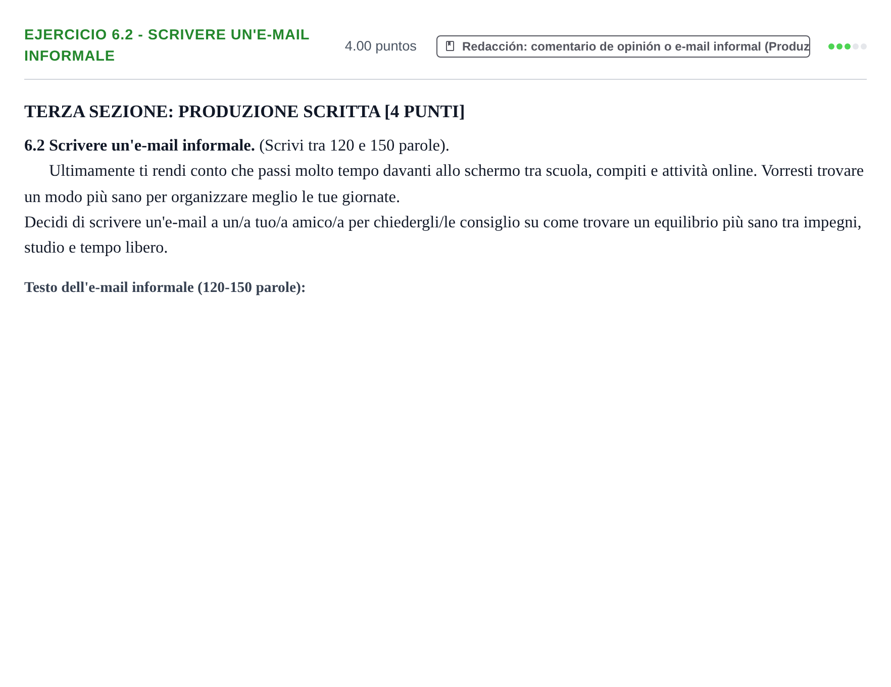 Enunciado: Ejercicio 6.2 - Scrivere un'e-mail informale · Italiano PAU Murcia Extraordinaria 2026